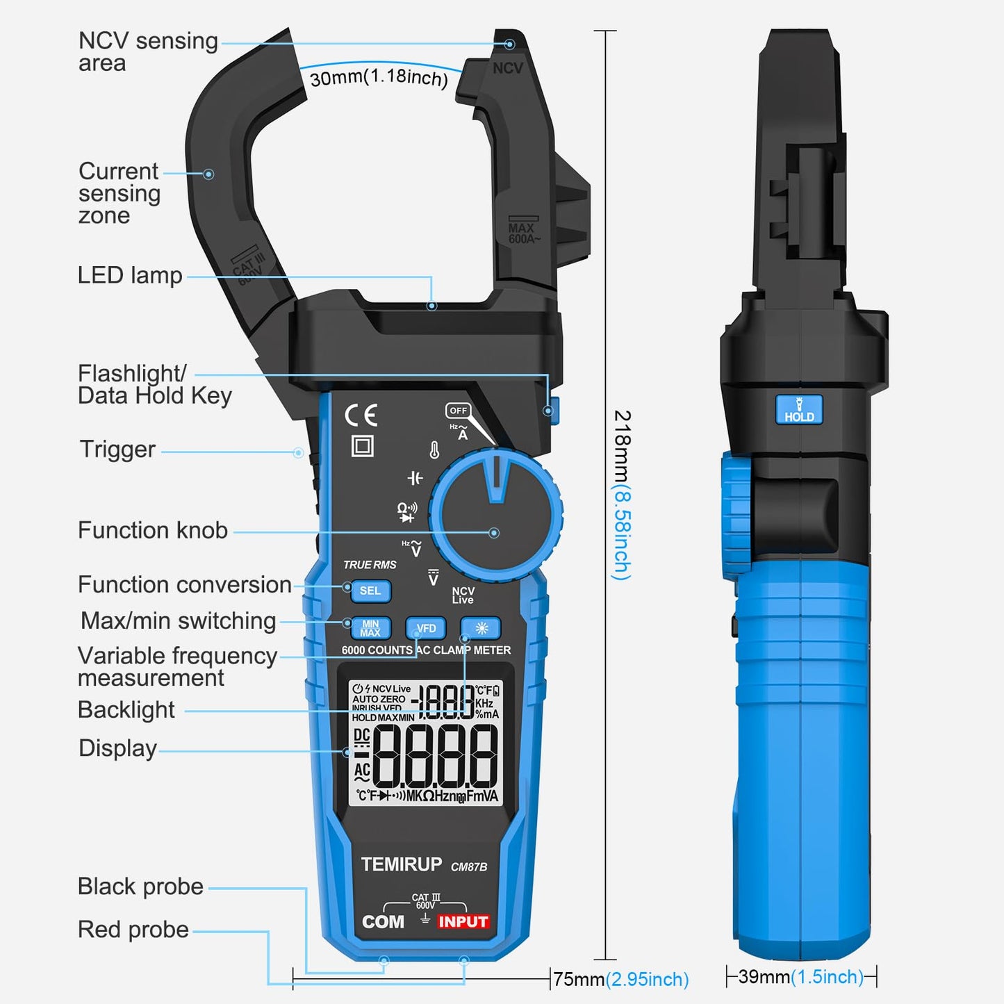 Inrush Digital Clamp Meter Multimeter - TEMIRUP T-RMS 6000 Counts 1000A Amp Voltage Tester with VFD, LOZ, Measures NCV, AC/DC Voltage Current, Continuity Capacitance Frequency Resistance, Temperature