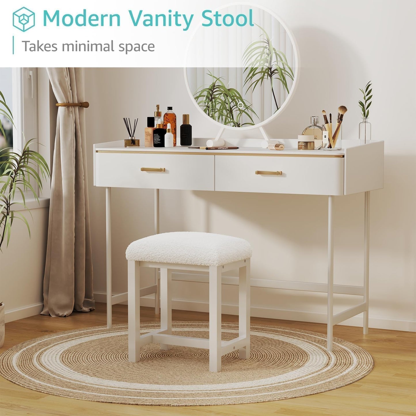 Small Plush Vanity Stool, Cute Vanity Stools with Soft Faux Rabbit Fur Cushion, White Makeup Vanity Chair for Small Spaces, Living Room, Bedroom, Entryway, Ottoman Foot Rest for Couch Sillas Modern