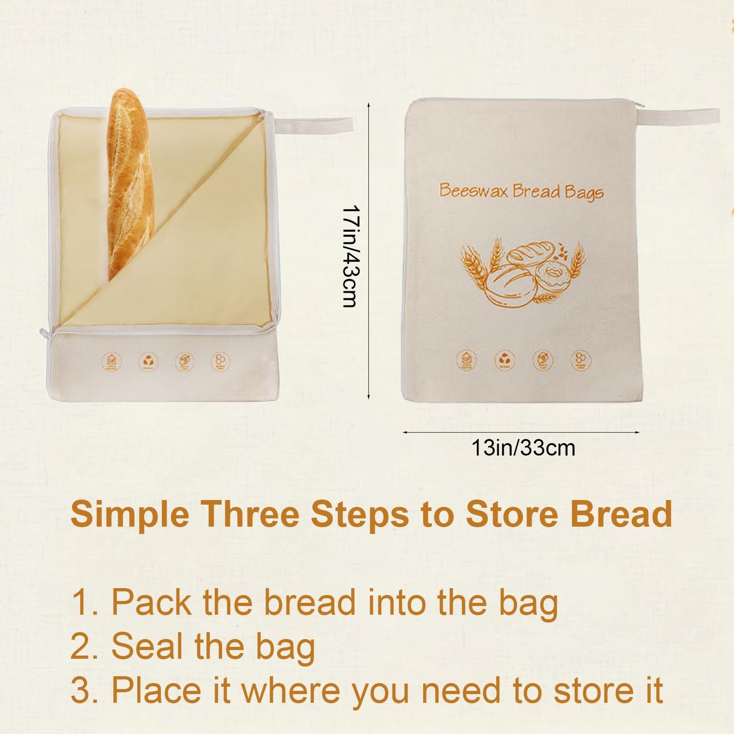 Lorine Beeswax Lining Bread Bags, Reusable Bread Bags for Homemade & Sourdough Bread, Large capacity 13 * 17'', Moisture Lock with Zip for Bread Freshness with Sealing (2 PCS)