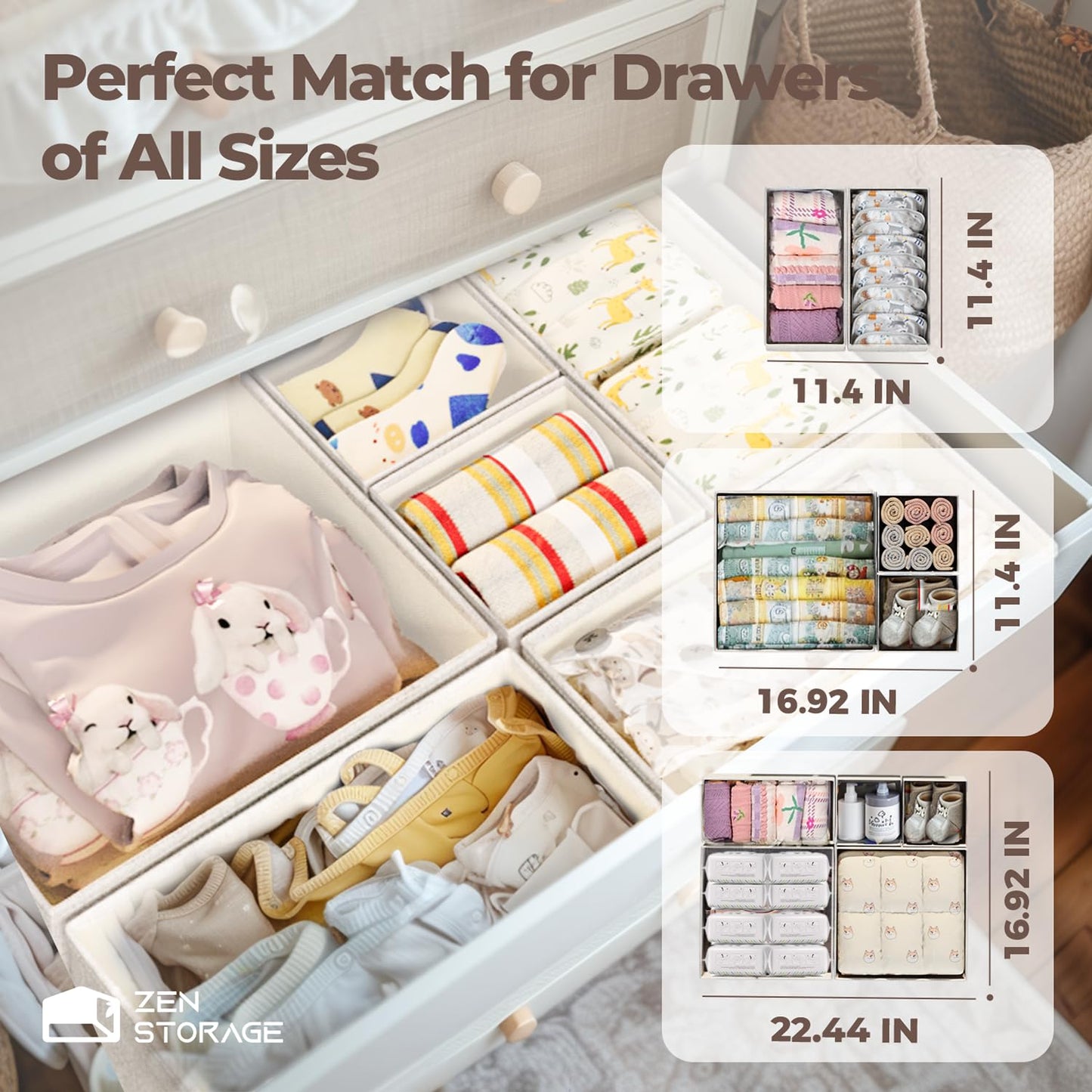 ZenStorage Cotton Linen Drawer Organizers for Baby Clothes, 20Pack Multi-Size Nursery Dresser Dividers for Clothes, Premium Foldable Storage Bins for Bedroom, Closet and Diaper Table, Beige