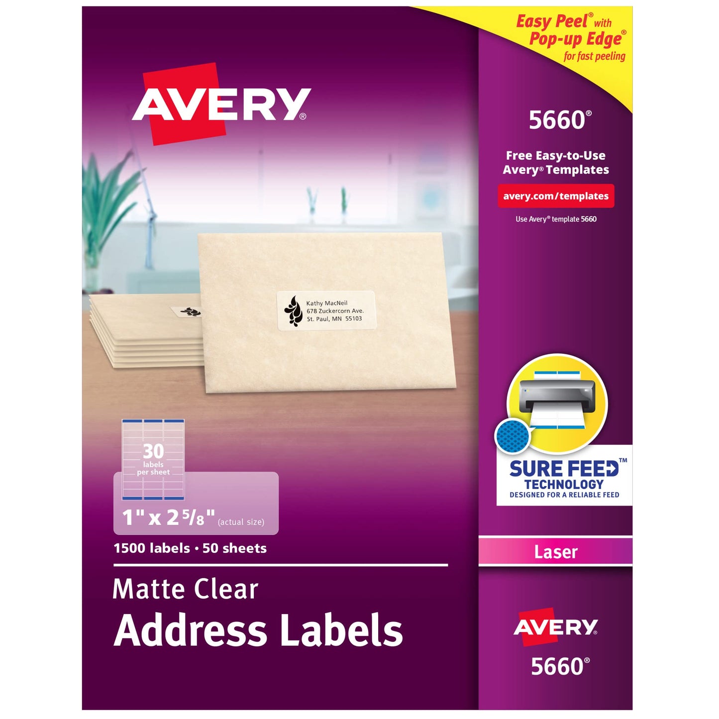Avery Printable Address Labels with Sure Feed Technology, 1" x 2-5/8", Matte Clear, Compatible with Laser Printers, 1,500 Blank Labels Total, Great for Mailing, Branding, and More (5660)