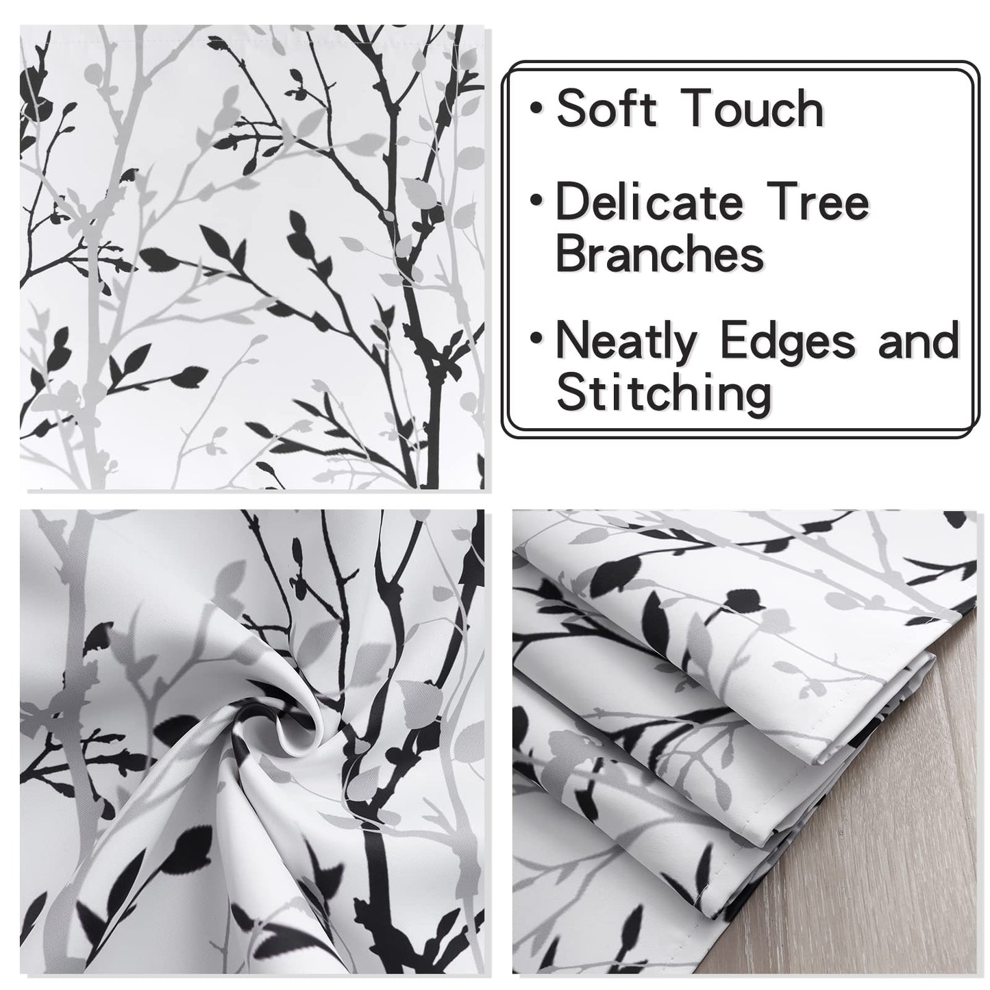 Luvyohmee Tree Branch Printed Valance Curtain, 18 inches Long Kitchen Valance, Black and Grey Window Valances for Kitchen, Bathroom, Dining Room, Living Room, Bedroom and Kid’s Room 4 Panels