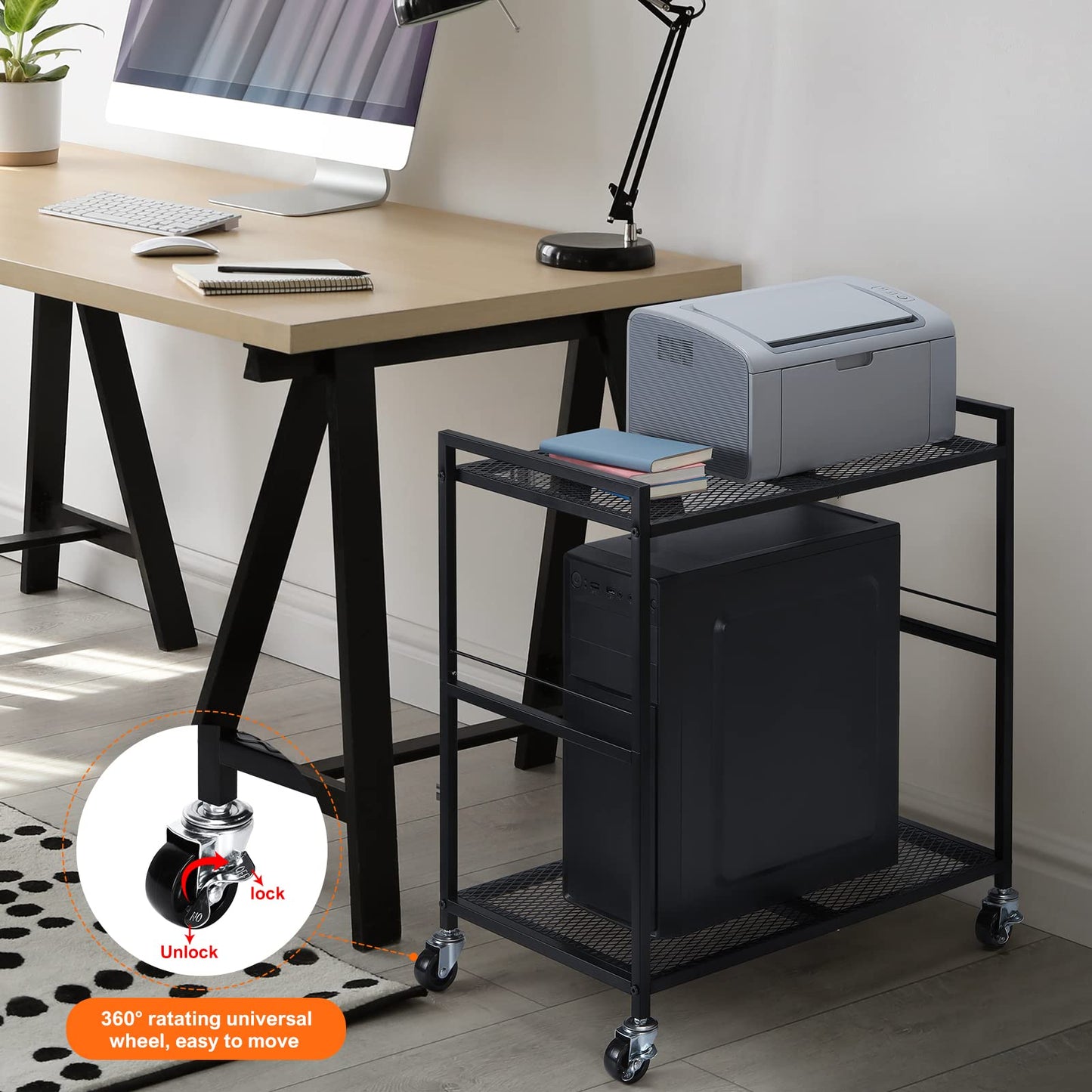 OYEAL Computer Tower Stand, PC Tower Stand Metal Rolling Cart Holds up to 40lbs, 2 Tier Mobile Printer Stand with Storage Under Desk for Home & Office, Black