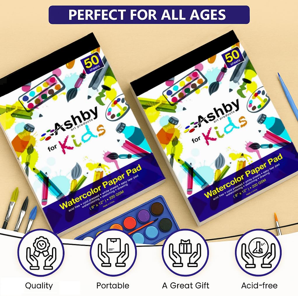 Ashby for Kids - Premium Quality Watercolor, Drawing, Finger Paint and Sketch Paper (220 GSM) - Each Pad Contains 50 Glue Bound Sheets for Easy Removal (2 Pads (100 Sheets) - Natural White)