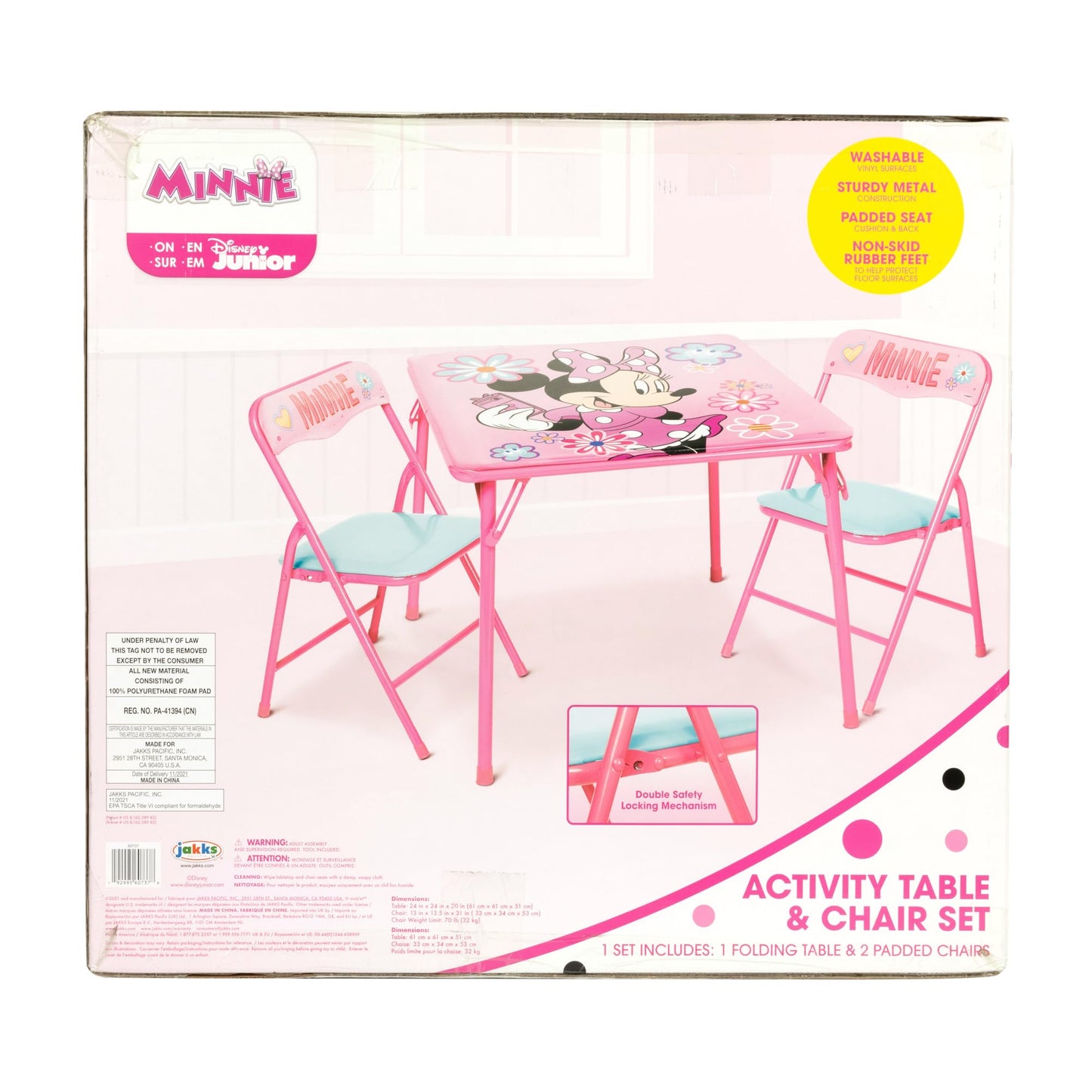 Minnie Mouse Kids Table & Chairs Set for Kid and Toddler 36 Months Up To 7 years, Includes: 1 Table (24"L x 24"W x 20"H), 2 Chairs (13"L x 13.5"W x 21"H) Weight Limit: 70 lb