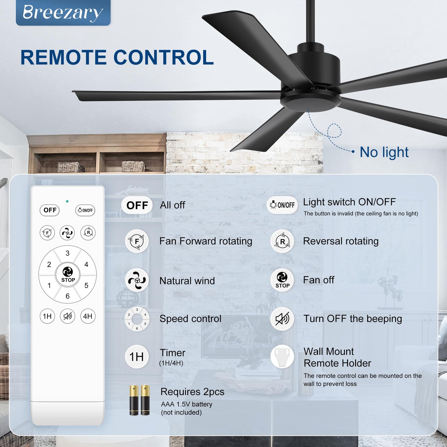 52 inch 5 Blade Ceiling Fans without Light Remote Control, Quiet Reversible DC Motor, 5 Black Blades, 6-Speed, Industrial Ceiling Fan for Home Kitchen (Black)