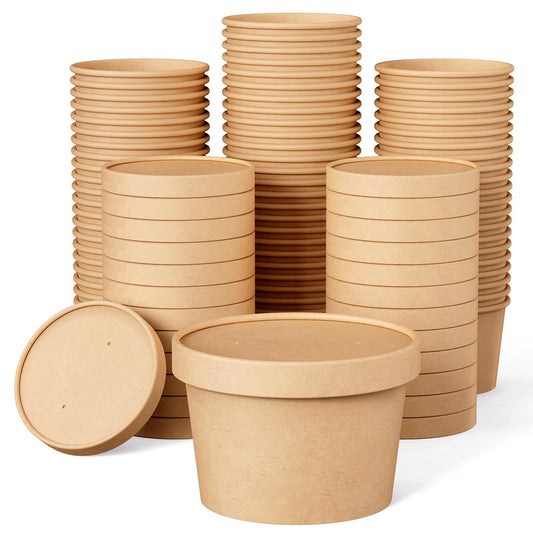 50pack 8oz Paper Soup Containers with Lids, Disposable Kraft Paper Food Cups, Ice Cream Cups, Food Storage with Lids, Microwavable and Freezer Safe, Suitable for Christmas Thanksgiving (Brown)