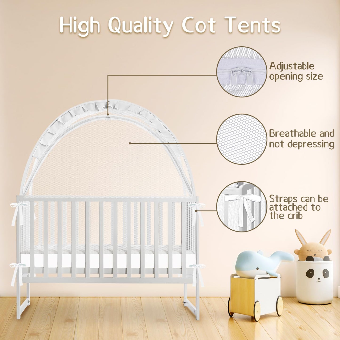 Crib Tent to Keep Baby from Climbing Out, Crib Net to Keep Baby in - Mesh Climbing Prevention, Pop Up Tent with Two-Way Self-Locking Metal Zipper (White, Large)
