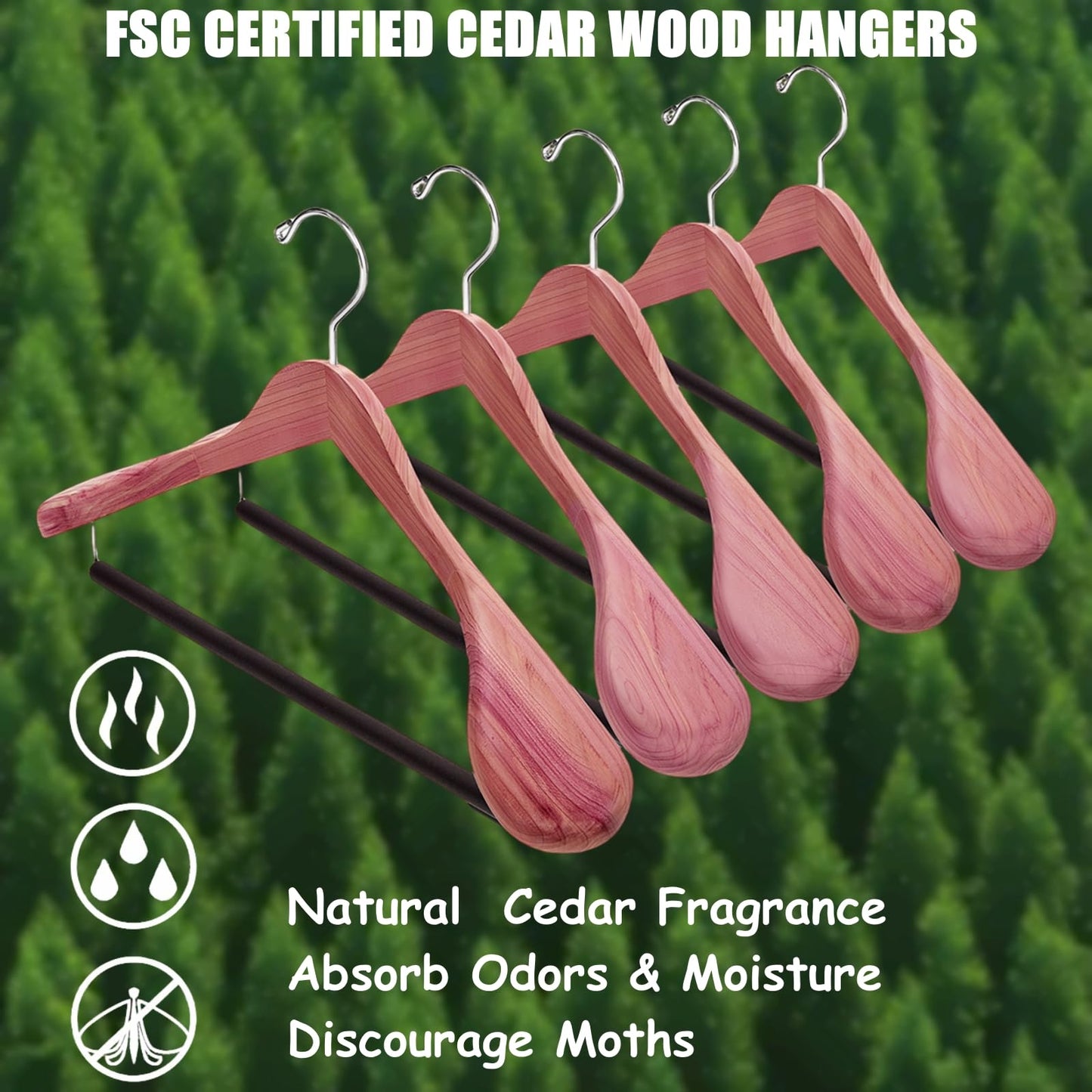 Amber Home 5 Pack American Red Cedar Wood Coat, Suit Hangers with Extra Wide Shoulder, Wooden Jacket Clothes Hanger Smooth Deluxe Aromatic Natural Cedar with Non Slip Velvet Pant Bar