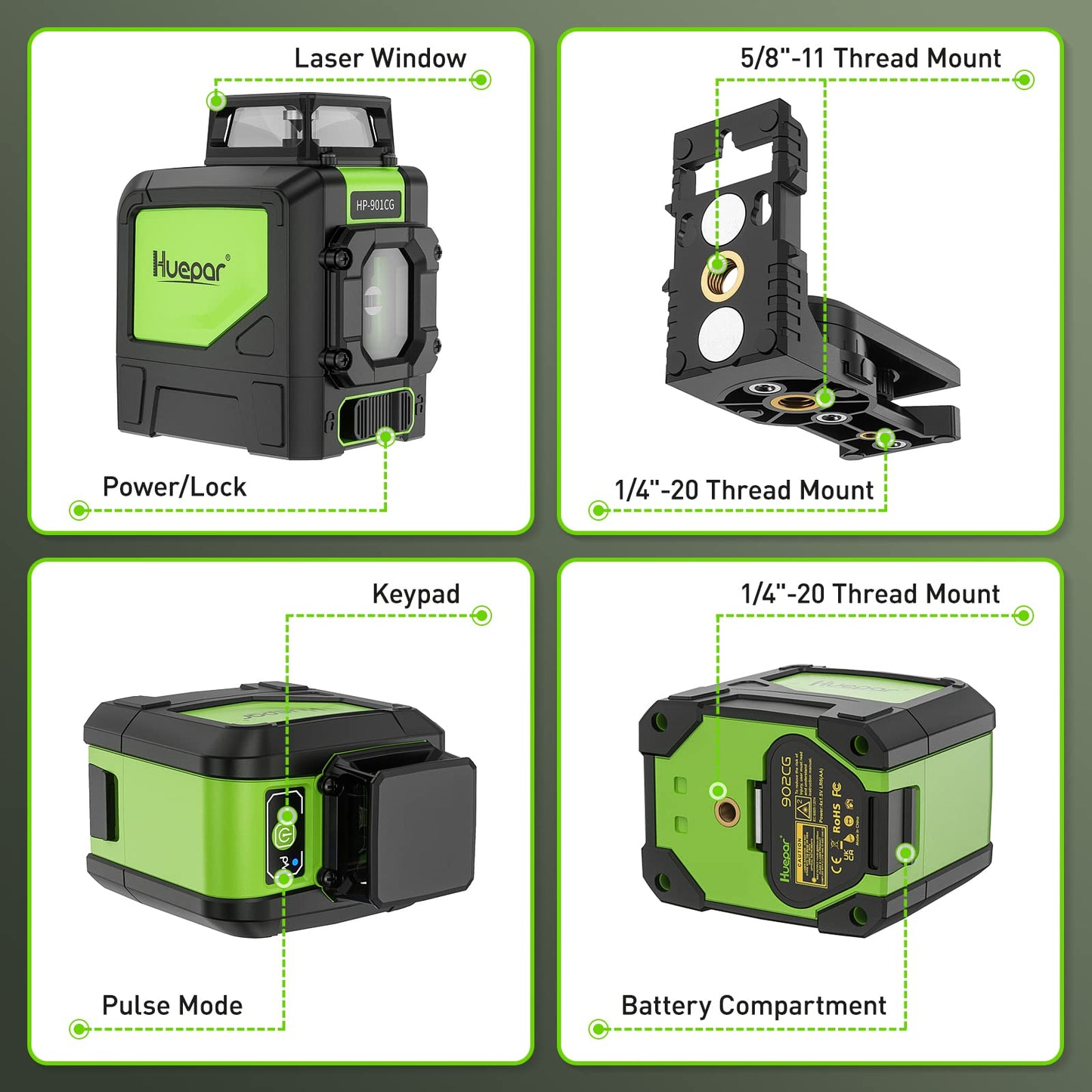 Huepar 901CG Self-Leveling Laser Level, 360 Green Beam Cross Line Laser Tool, Alignment 360-Degree Horizontal Line with Pulse Mode, Magnetic Pivoting Base Included
