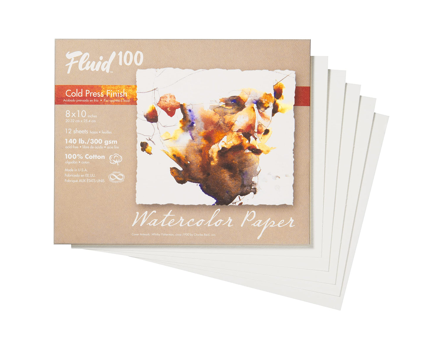 Fluid 100 Watercolor Paper, 8 x 10 Pochette, 10 Sheets, 140 lb (300 GSM) 100% Cotton Cold Press for Artist Painting and Wet Media