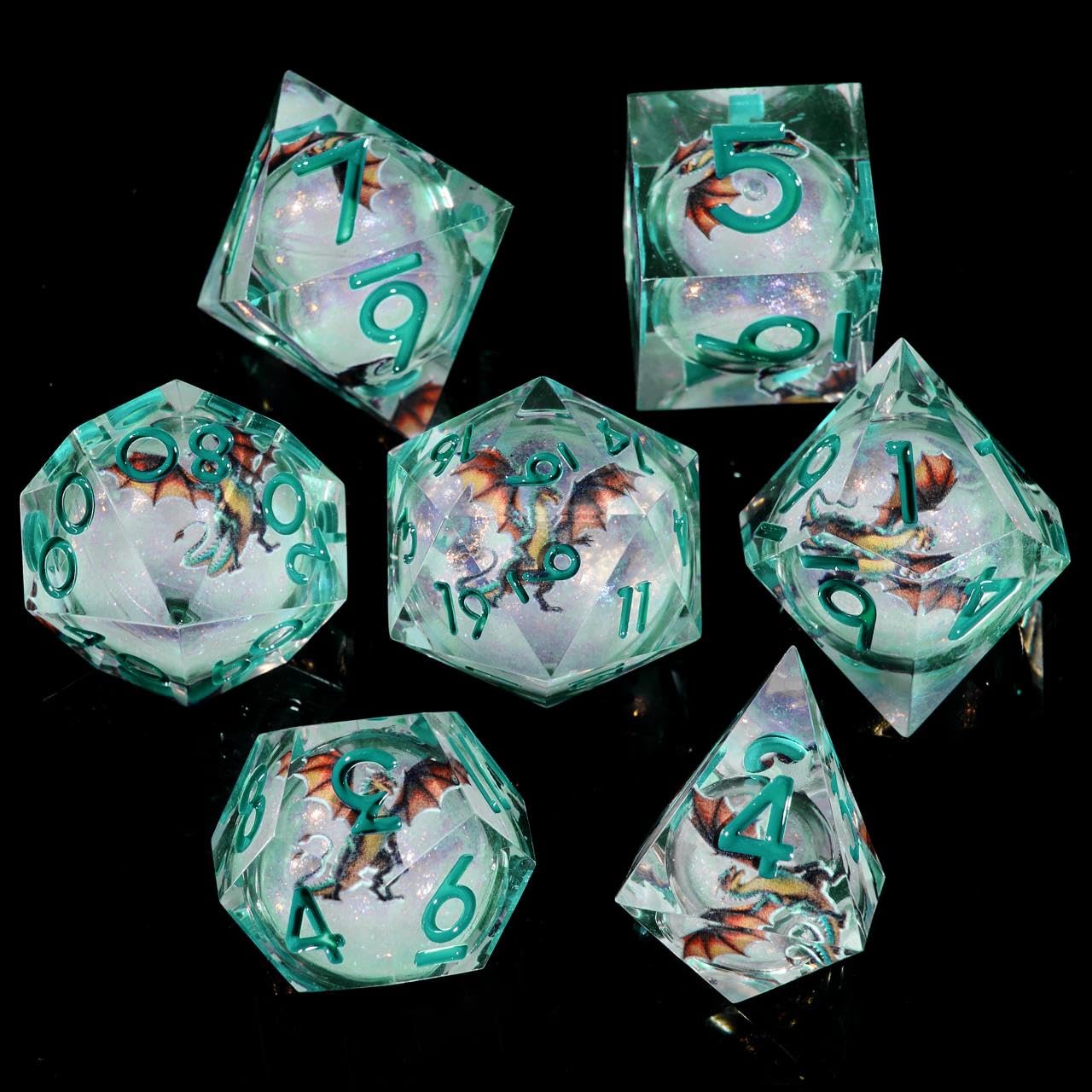 YZDHERO Dragon Polyhedral Dice Set, 7-Piece Clear Resin with Liquid Core, Sharp Edge Fantasy Dice with Teal Numbers, Dragon Artwork for D&D RPG Games