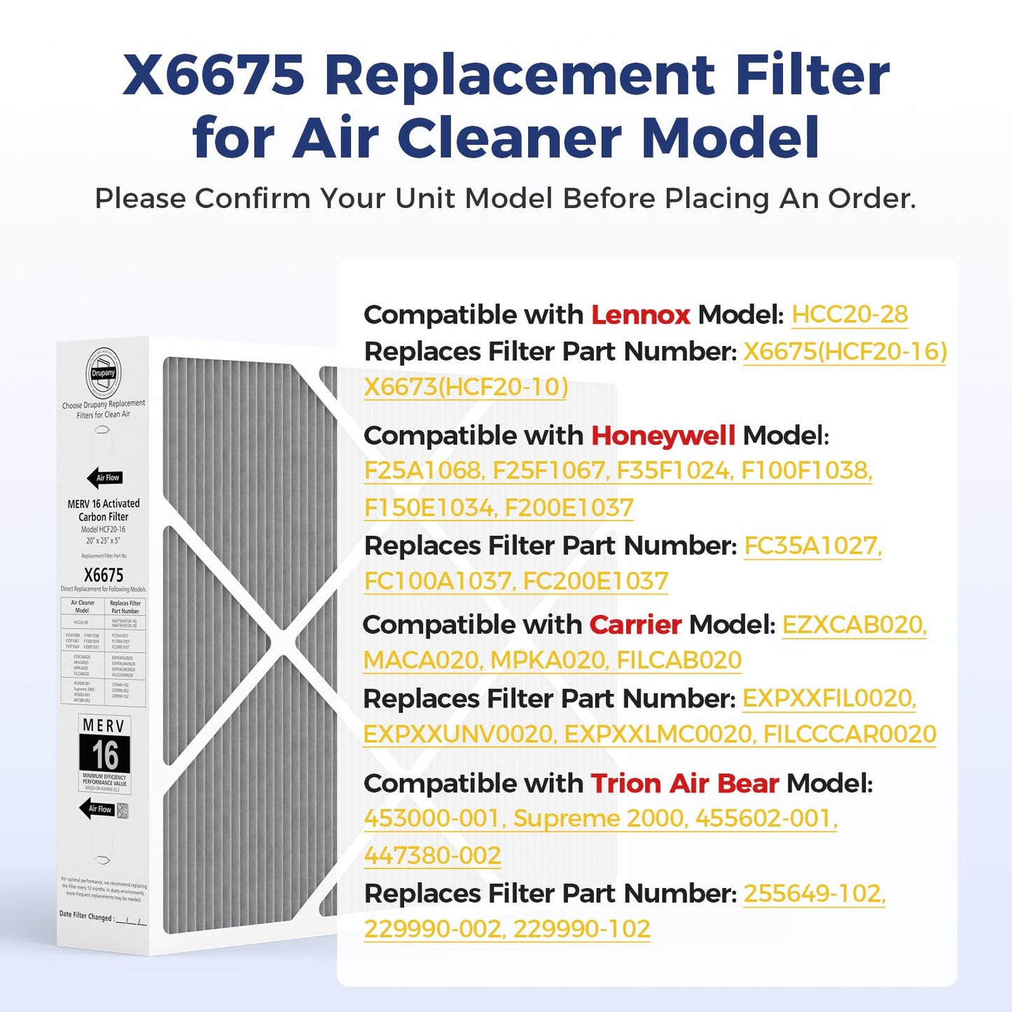 2 Pack 6675 20x25x5 MERV 16 Air Filter Compatible with Lennox X6675 and Lennox HCC20-28 Healthy Climate Carbon Clean MERV 16 Furnace Filter for HVAC System, Part Number HCF20-16, HCF20-10