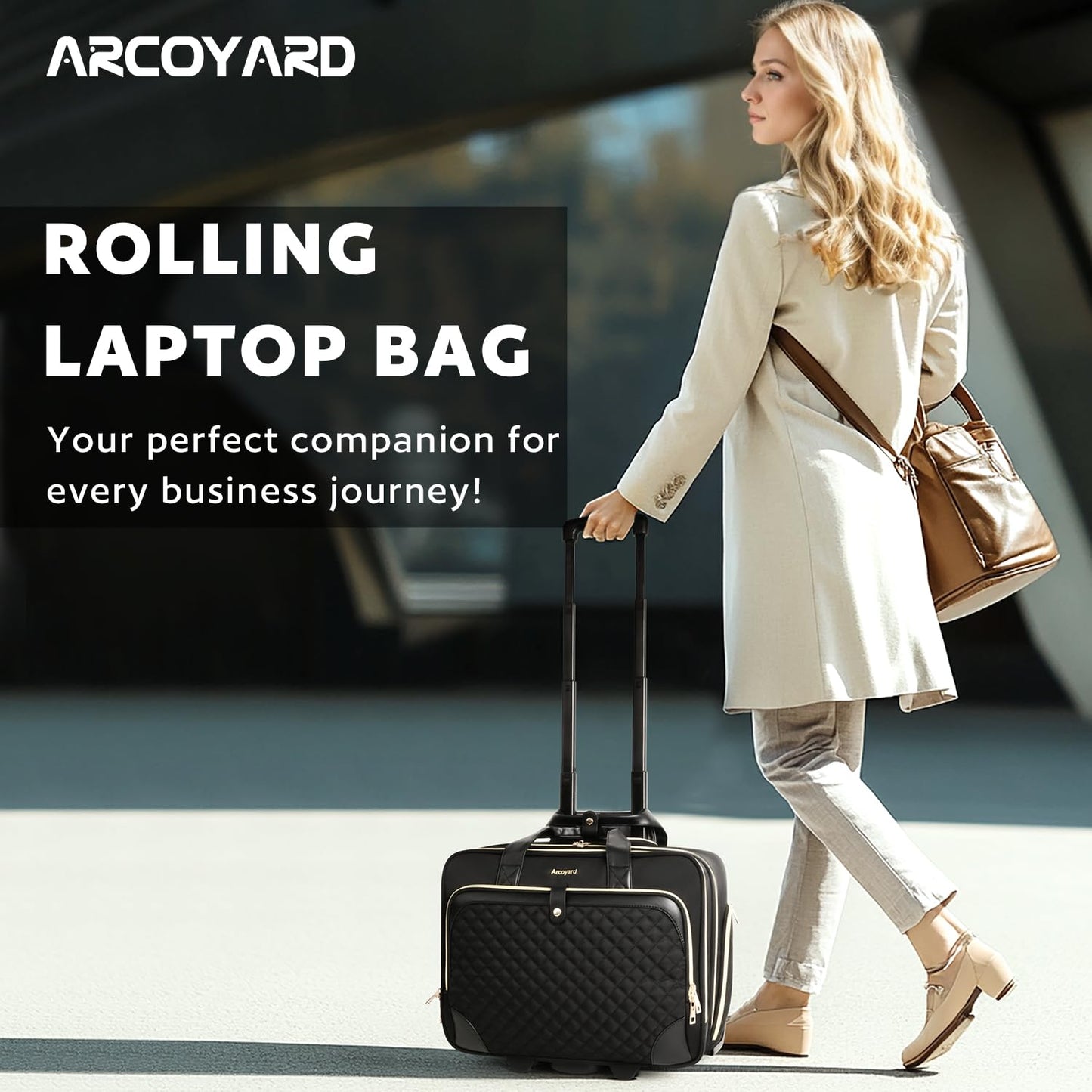 Arcoyard Rolling Laptop Bag Women, Rolling Briefcase for Women with Waterproof Pocket, 17.3 Inch Computer Bag, Underseat Carry On Luggage with Wheels for Work Travel Business, Lightweight Black