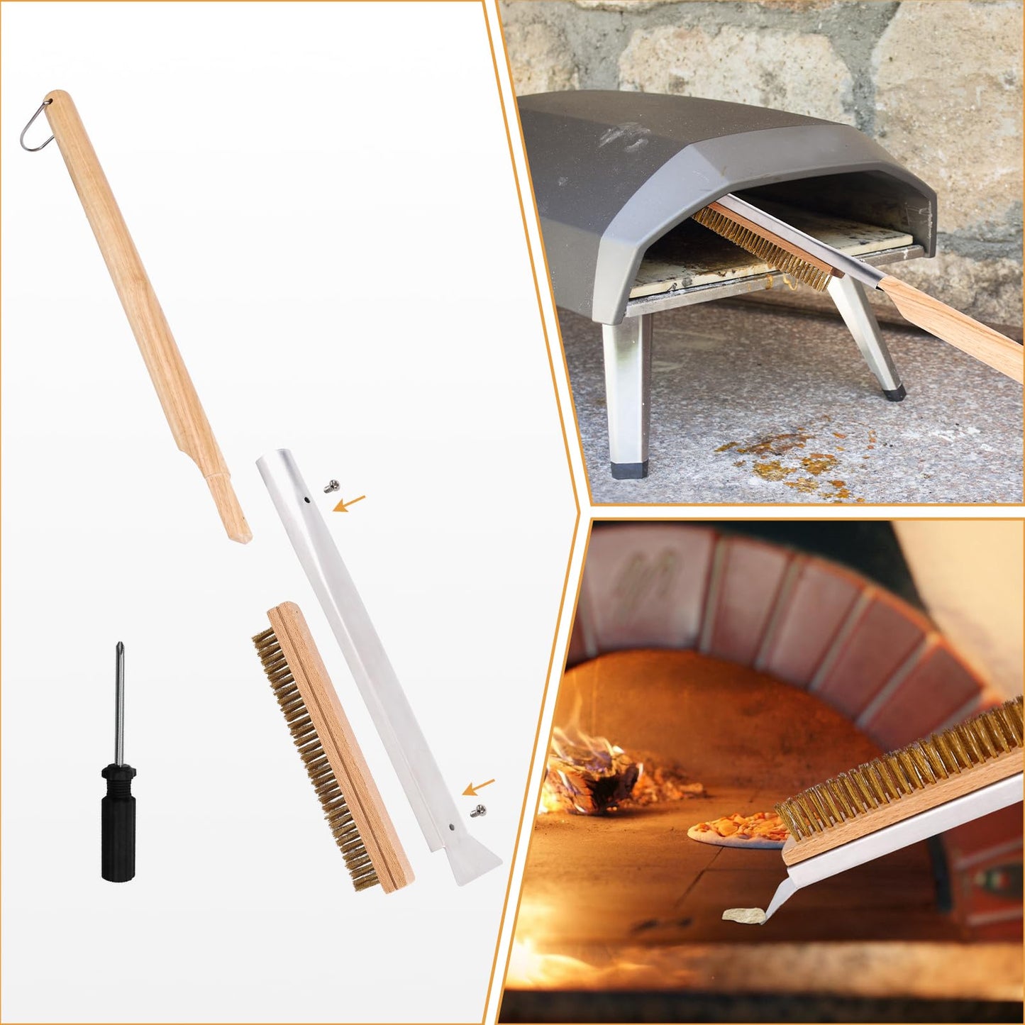 4-Piece Pizza Oven Accessories Kit, Includes 12 Inch Perforated Pizza Peel, 9 Inch Round Pizza Turning Peel, Oven Brush with Scraper and Rocker Cutter, Pizza Spatula Paddle Set for Home Pizza Making