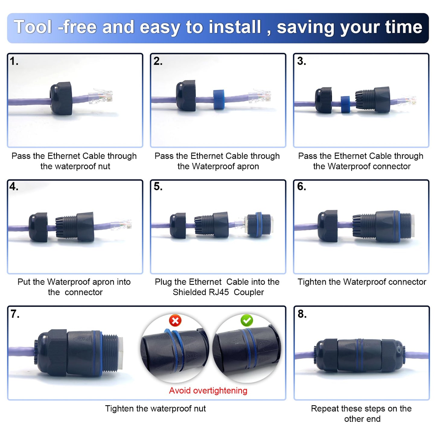 VCELINK Waterproof RJ45 Coupler IP68 Short Profile, Cat6/Cat5E/Cat5 Waterproof Ethernet Connector Shielded, Outdoor Network LAN Cable Extender PoE 6-Pack