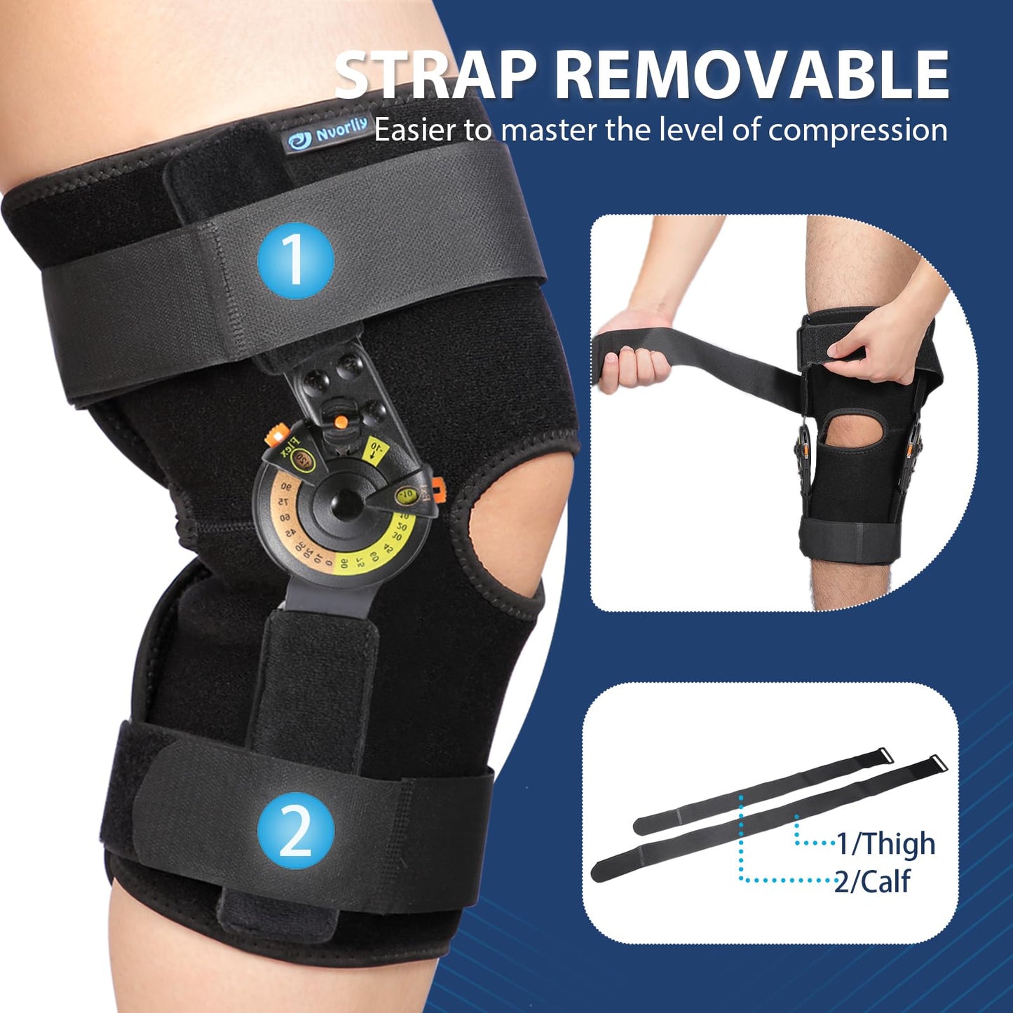 Nvorliy Hinged ROM Knee Brace with Side Stabilizers & Locking Dials, Post Op Knee Immobilizer for Arthritis, ACL, MCL, PCL, Meniscus Tear, Injurie/Knee Pain, Medical Orthopedic Support (X-Large)