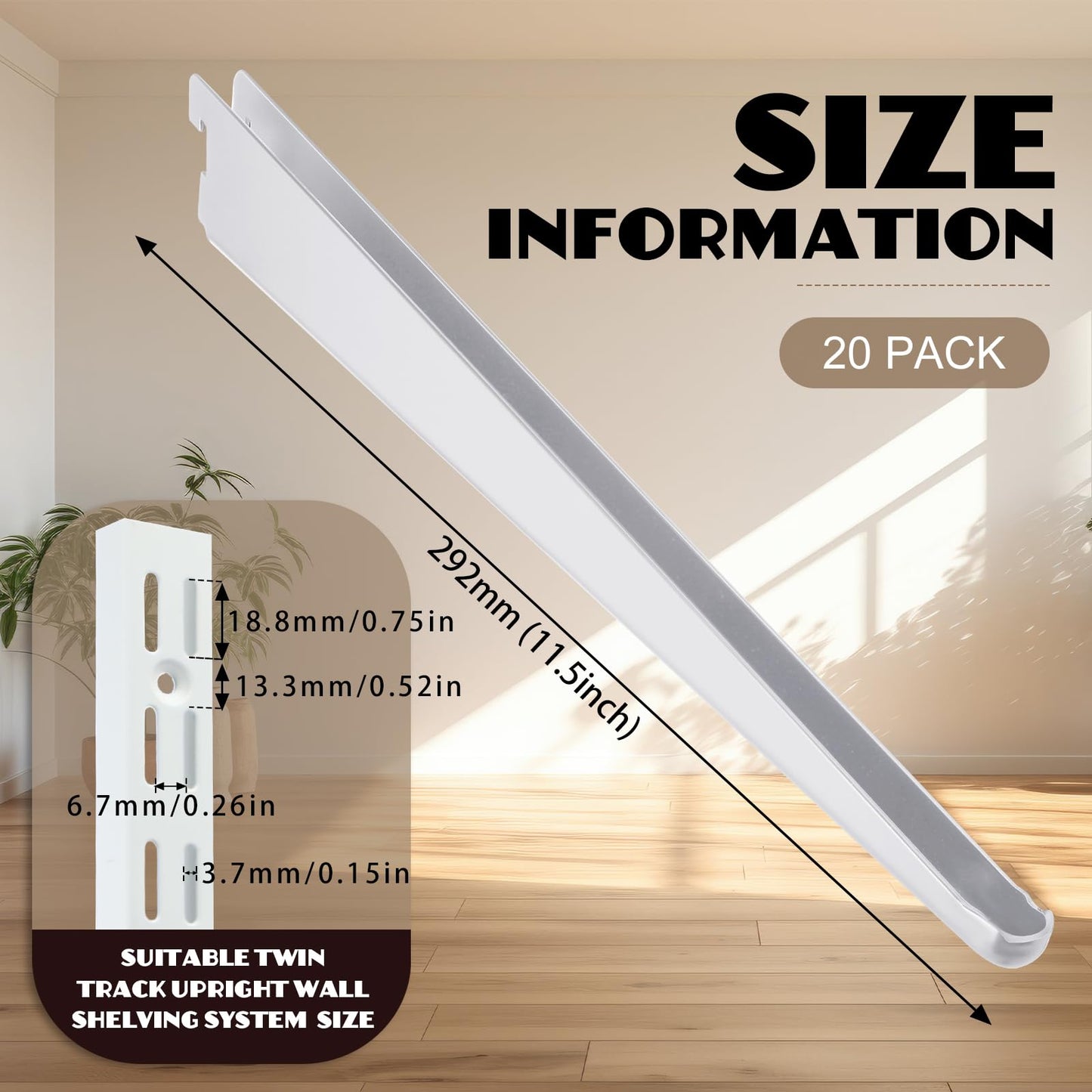 CroBlissful 20 Pcs Adjustable Shelf Brackets for Double Track System Closet Organization Heavy Duty Wire Shelf Brackets(White,11.5 Inch)