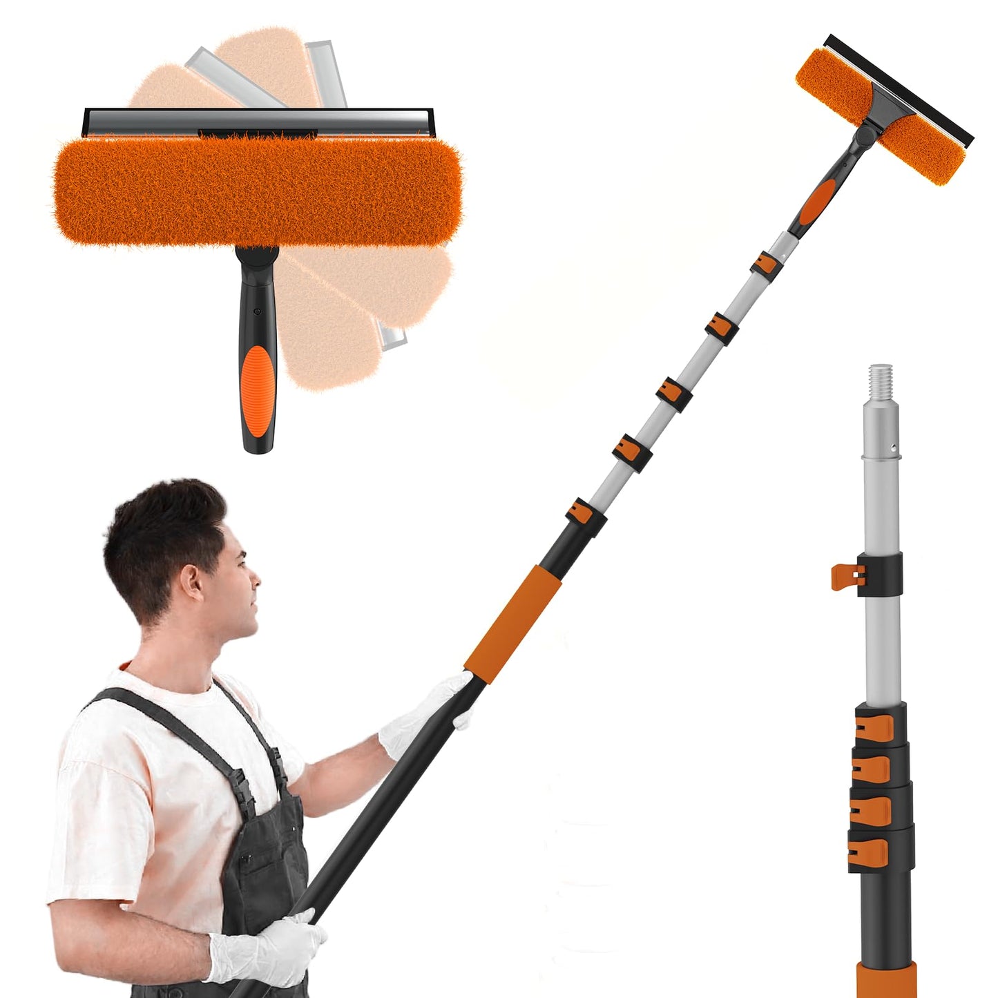 SISUPASSIE 30FT Reach Window Squeegee with Extension Pole, 2-in-1 Professional Window Washing Kit for Home, Indoor Outdoor Squeegee with Rotatable Head for High Windows