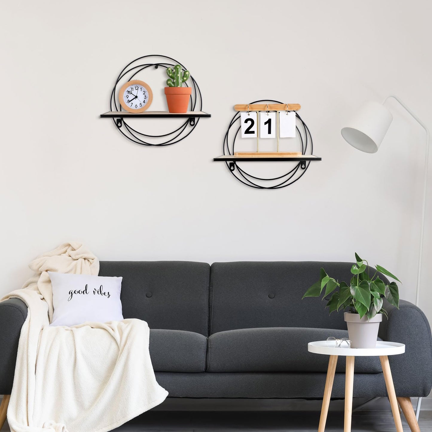 Yaocom 3 Pcs Floating Shelves Wall Mounted Hanging Shelf with Metal Wire and Wood, Foldable Round Shelf Wall Decor for Storage Bedroom Bathroom Living Room Kitchen Office Home Decoration (Black)