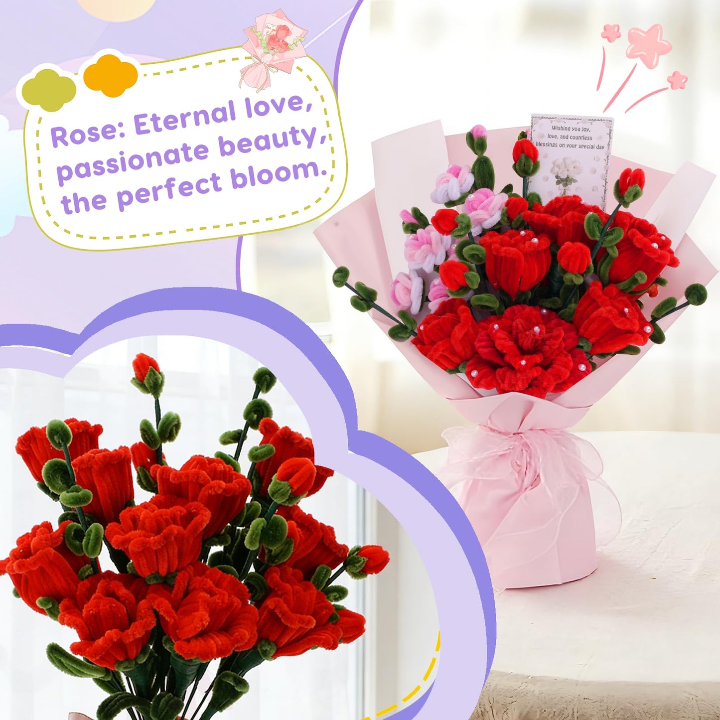 900 PCS Pipe Cleaners Craft, Pipe Cleaners Flowers Kit with Handle,14 Colors Chenille Stems with Instruction, Art and Craft Supplies