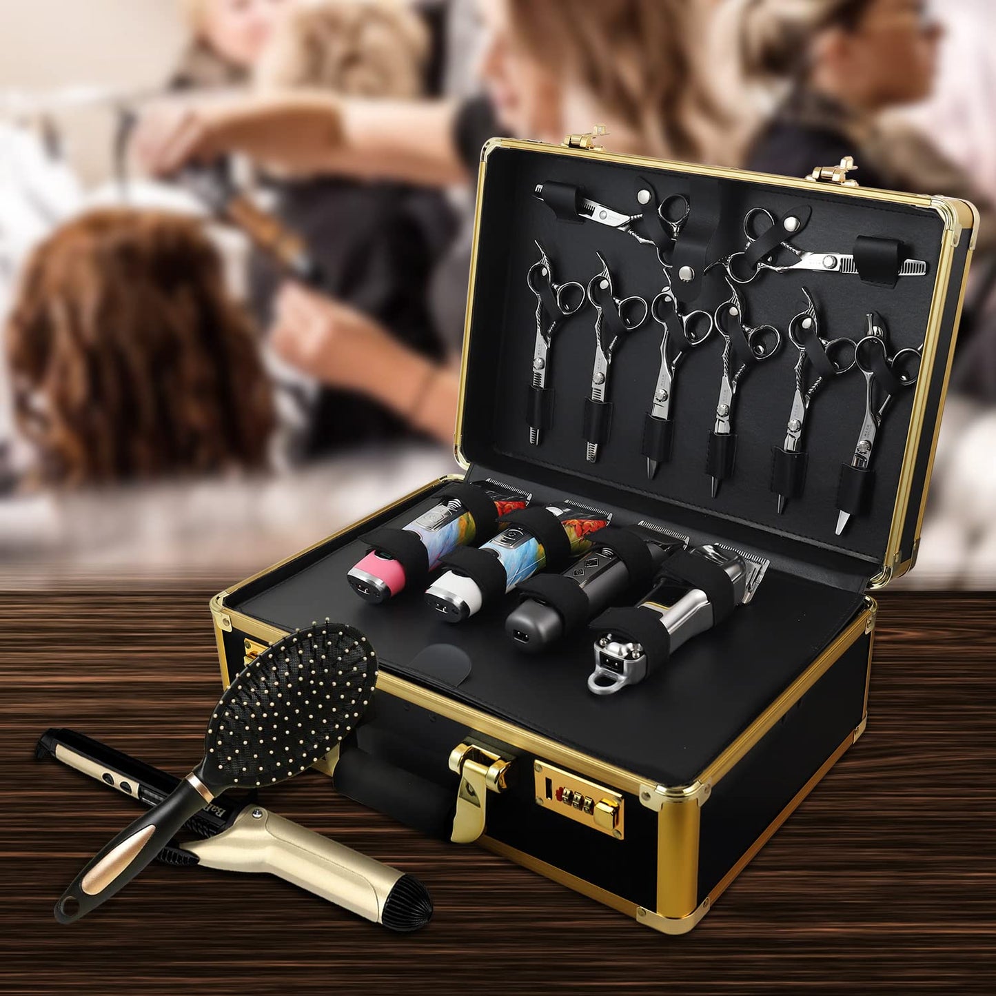 Kinglioncase Barber Case Clipper Bag Black, Hair Kit Tool Box Aluminum Organizer with Portable Handle and Secure Numlock for Scissors, Clippers, Barber Supplies 15.8" x 11" x 6.5"