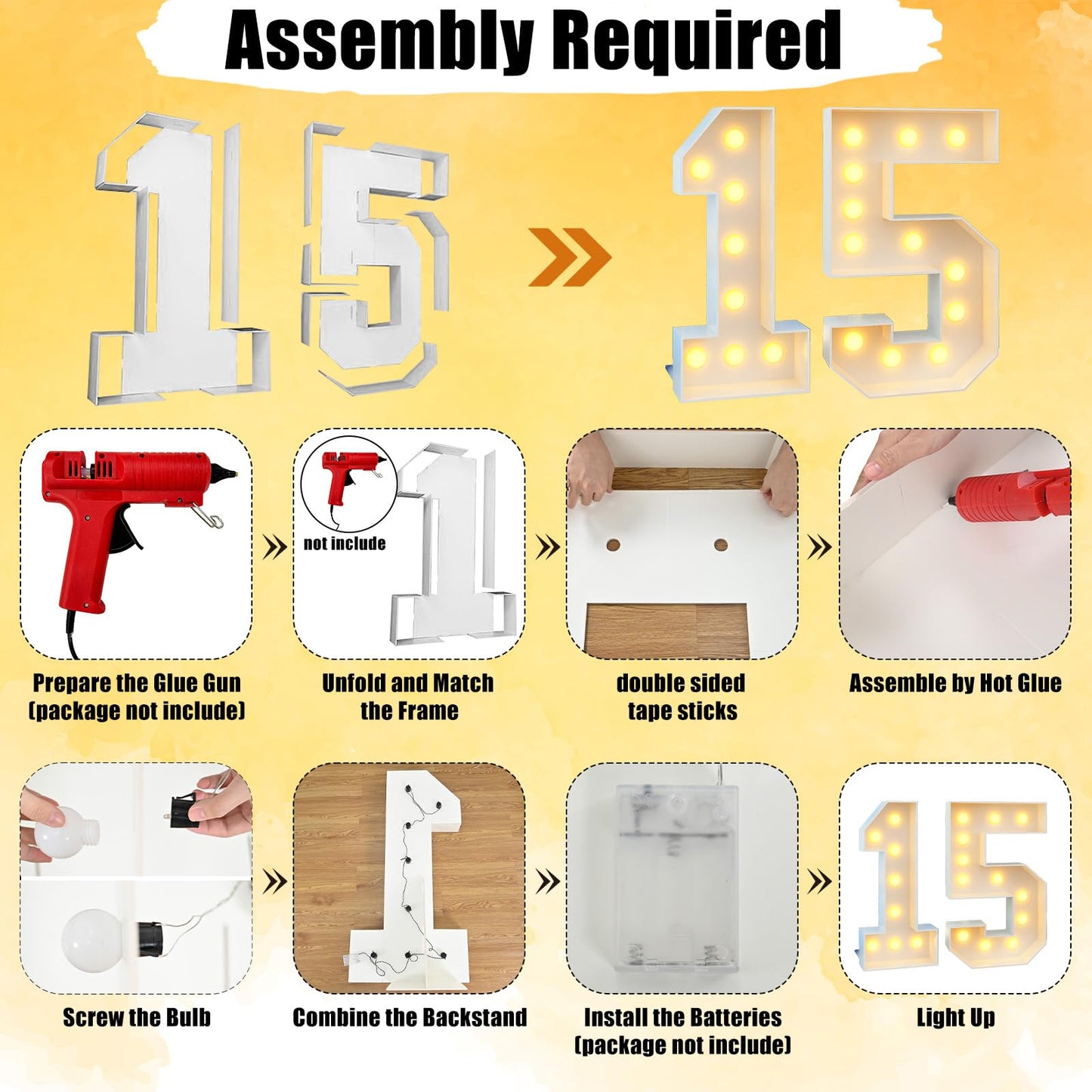 4ft Light Up Numbers 15 Large Numbers with Lights Bulbs White Marquee Frame for 15th Party Boys Girls Birthday Decorations Pre-Cut Mosaic Cardboard Giant Cut-Out Thick Foam Board Sign Anniversary