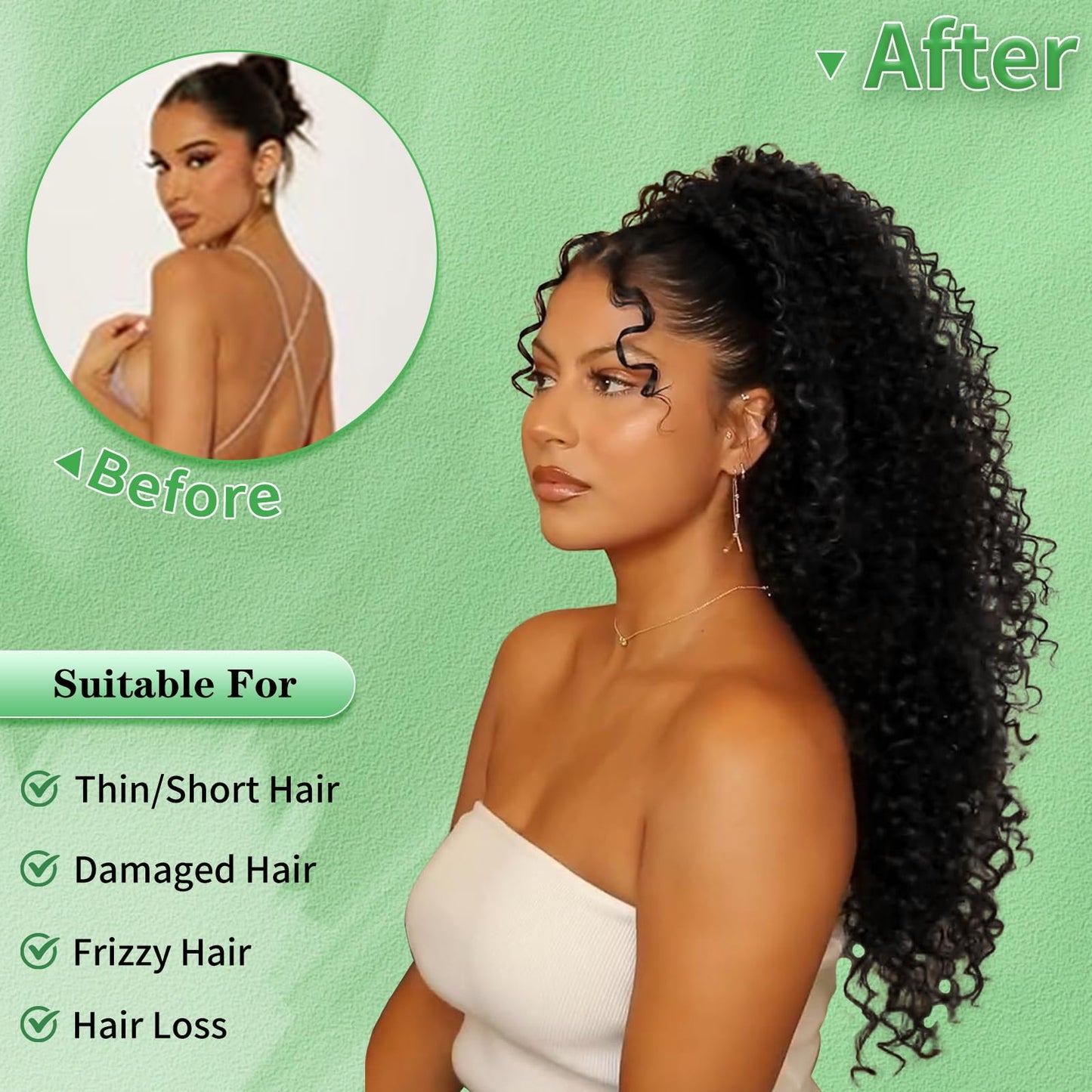 Youthfee 27” Drawstring Ponytail Deep Curly Heat Resistant Human Hair Blended Instant Clip Ponytail Extension Protective Style Afro Kinky Curly Hair Pieces for Women