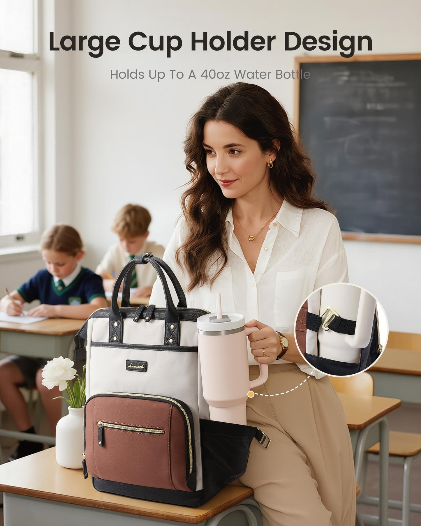 LOVEVOOK Laptop Backpack for Women with Giant Tumbler Holder,17 inch Professional Nurse Teacher Backpack Computer Laptop Bag,Cute Waterproof Travel Backpack Purse Work College Bag, Beige-Black-Brown