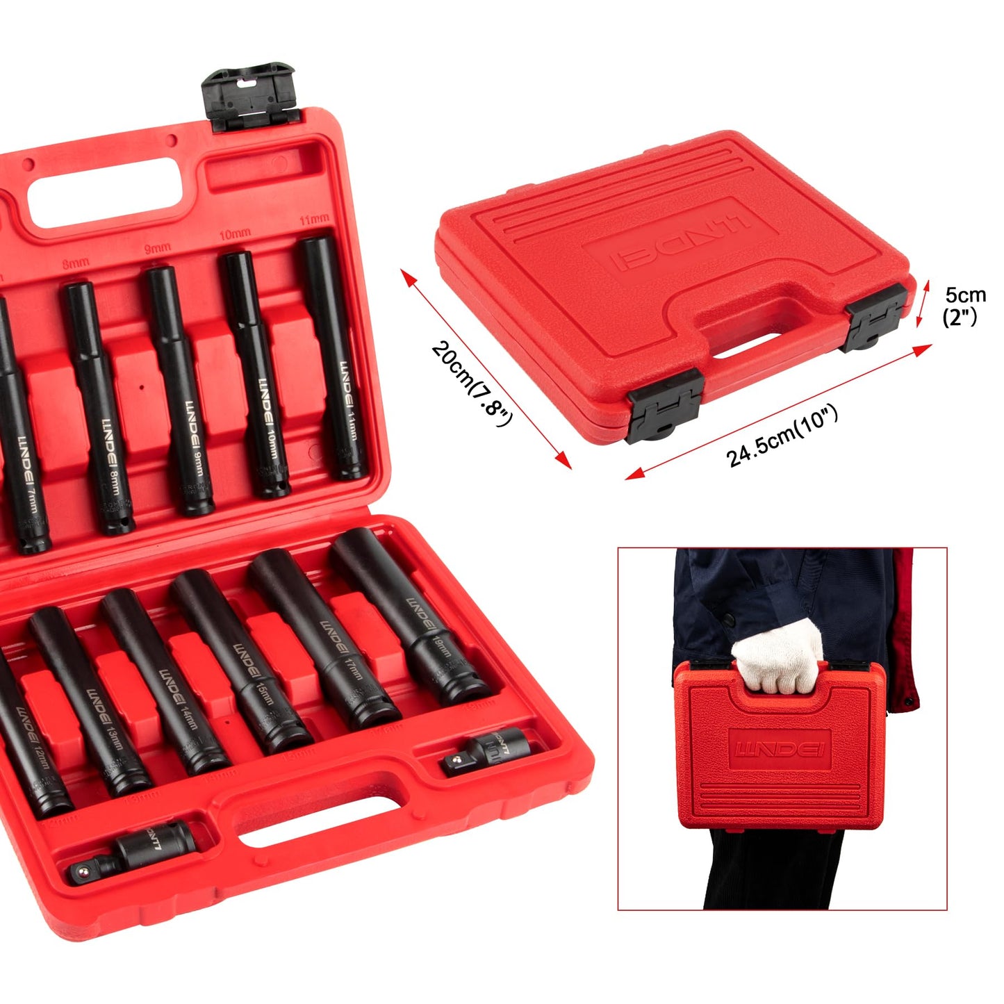 LLNDEI 14 Piece 3/8" Drive 6 Point Deep Impact Socket Set, Including 12PCS Extra Long Deep Impact Sockets in Metric Sizes (6mm,7mm,8mm,9mm,10mm,11mm,12mm,13mm,14mm,15mm,17mm,19mm)