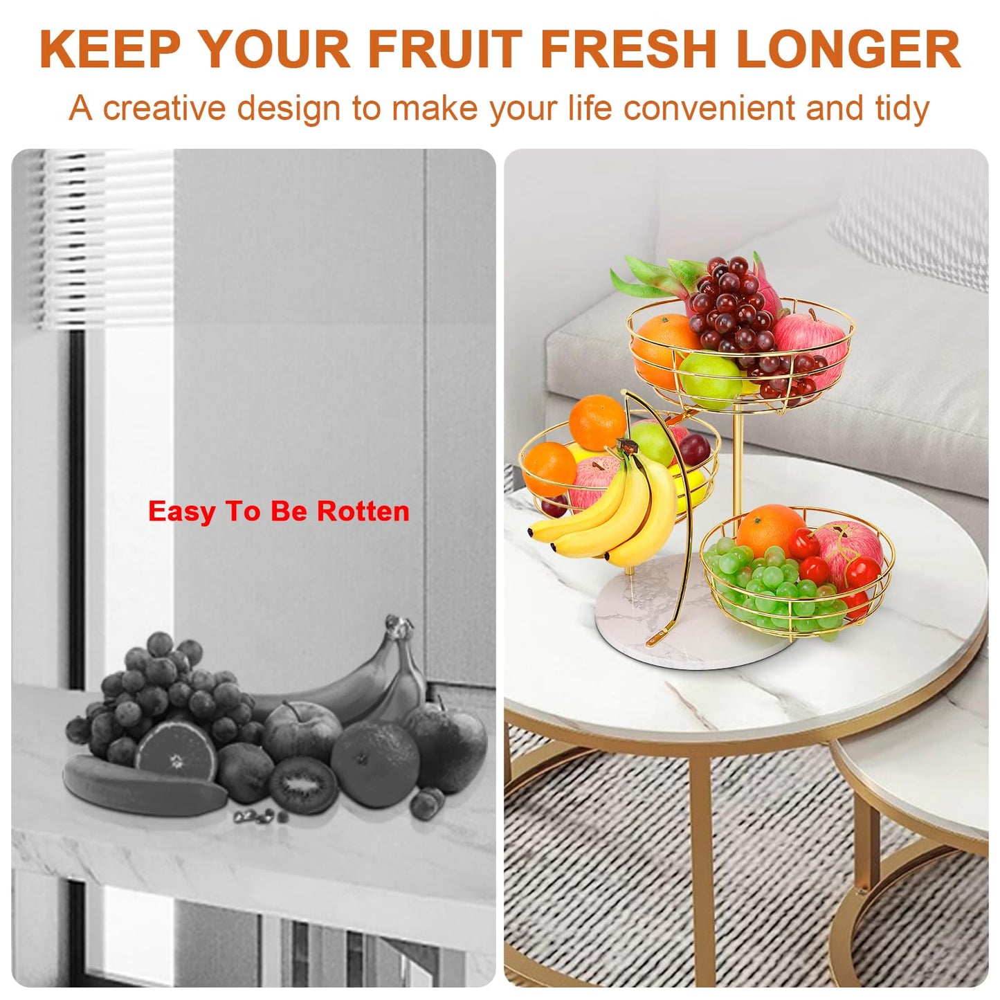 Livabber Fruit Basket Bowl with Banana Hanger, Metal Fruit Vegetable Storage Basket with Banana Holder for Kitchen Counter, Detachable Organizer for Bread Snack Produce (Gold, 3-Tier Marble Base)