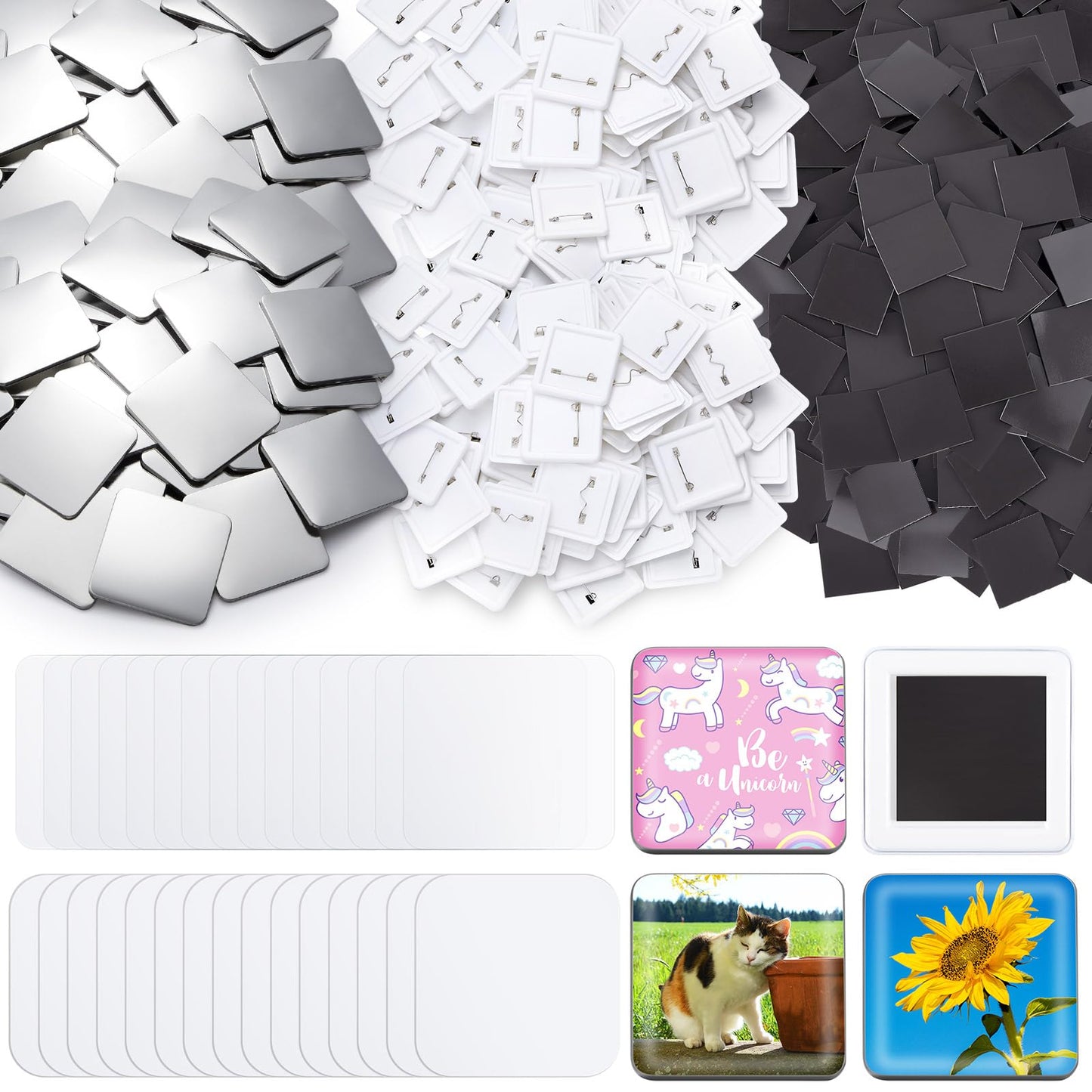 Teenyyou 200 Sets 50mm/ 2 Inch Button Press Supplies Square Button Parts DIY Fridge Magnets Craft Set Including Magnet, Metal Cover, Plastic Back Cover, Pins, Transparent Film, Blank Paper (Plastic)
