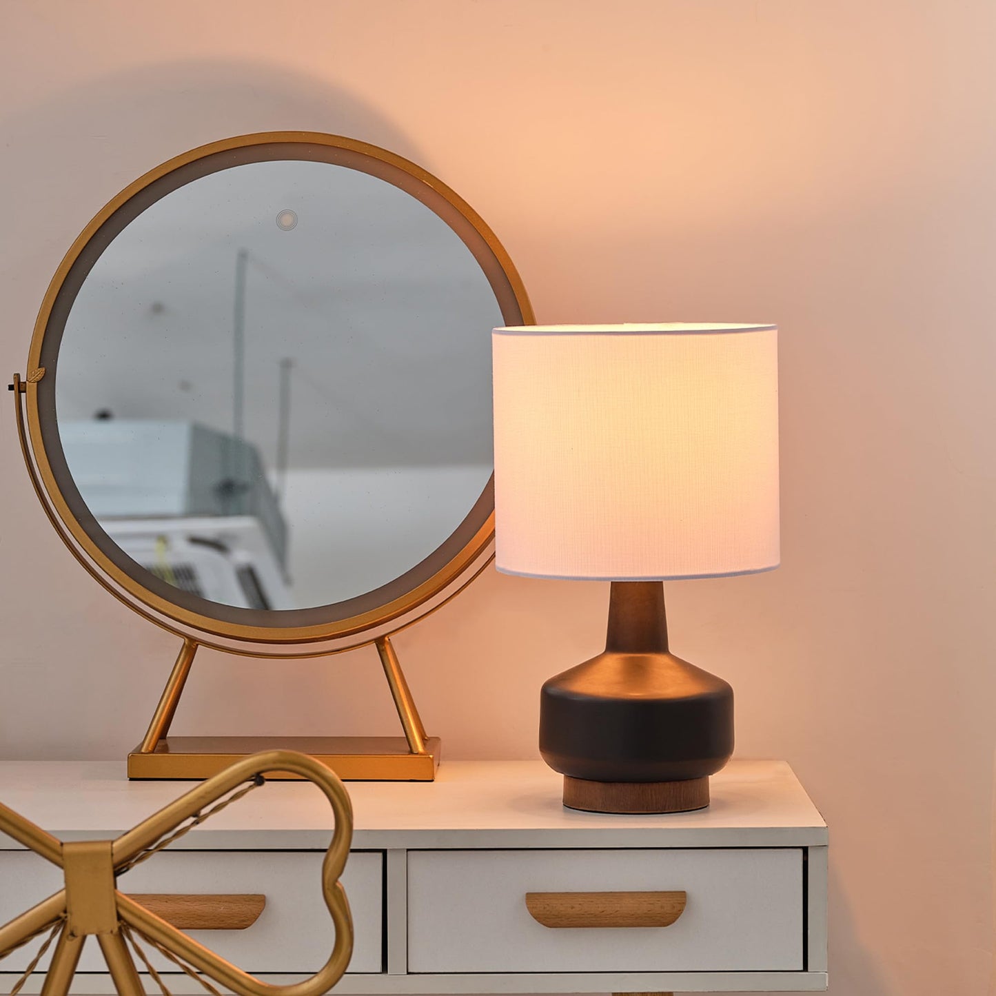 Globe Electric 15" Ceramic Table Lamp, Matte Black Base, Wood-Toned Accent, White Linen Shade, Dual Rotary Switch, Modern Bedroom or Office Lighting, 61000046