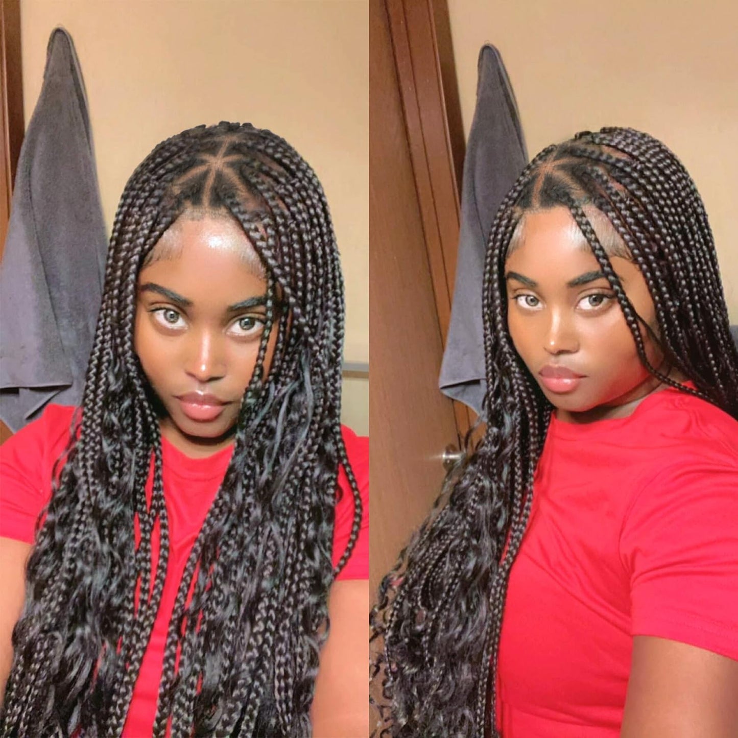 Olymei Boho Braided Wig Box Braid Wig Triangle Knotless Braided Wigs for Women Box Braid with Boho Curls Wig Braided Lace Front Wigs Full Double Lace Front Braided Wigs 36" Black