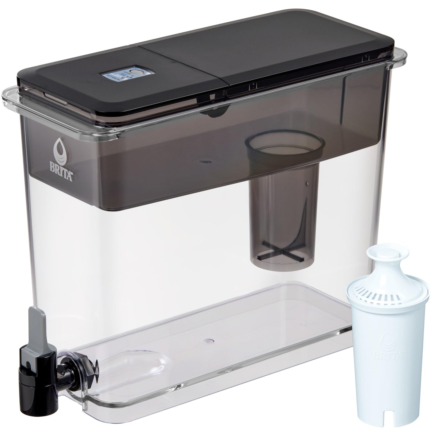 Brita Extra-Large 27-Cup Water Dispenser with BritaPlus Filter, WQA NSF/ANSI Certified, Reduces 2X Contaminants vs. Standard, Reduces Chlorine, Zinc, Copper, Mercury & More, 1 Filter Included, Black