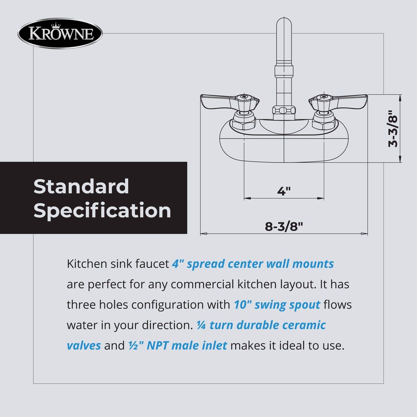 Krowne Silver Series 10-410L Wall Mount Kitchen Faucet with 4” Center Mount 10" Swing Spout and 1/2" NPS Male Inlets for Utility Sink Commercial Food Industry Restaurant | 10"L x 8"D, Chrome, NSF