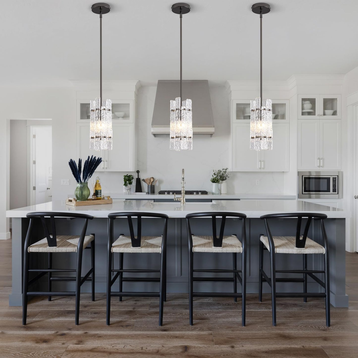 Modern Pearl Black Crystal Pendant Light for Kitchen Island, Luxury Mini Water Ripple Glass Chandelier Fixture, Square Adjustable Hanging Pendant Lighting for Dining Room Bedroom Hallway (1-Pack)