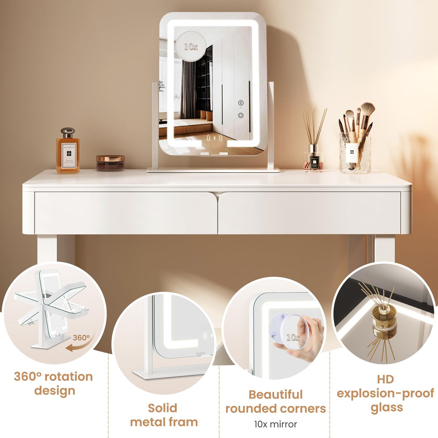 Dripex 5-in-1 Lighted Vanity Mirror with Bluetooth Speaker & Wireless Charging, 15"x12" LED Makeup Mirror with Lights 3 Colors Dimmable, Phone Holder Touch Keys 10X Magnification