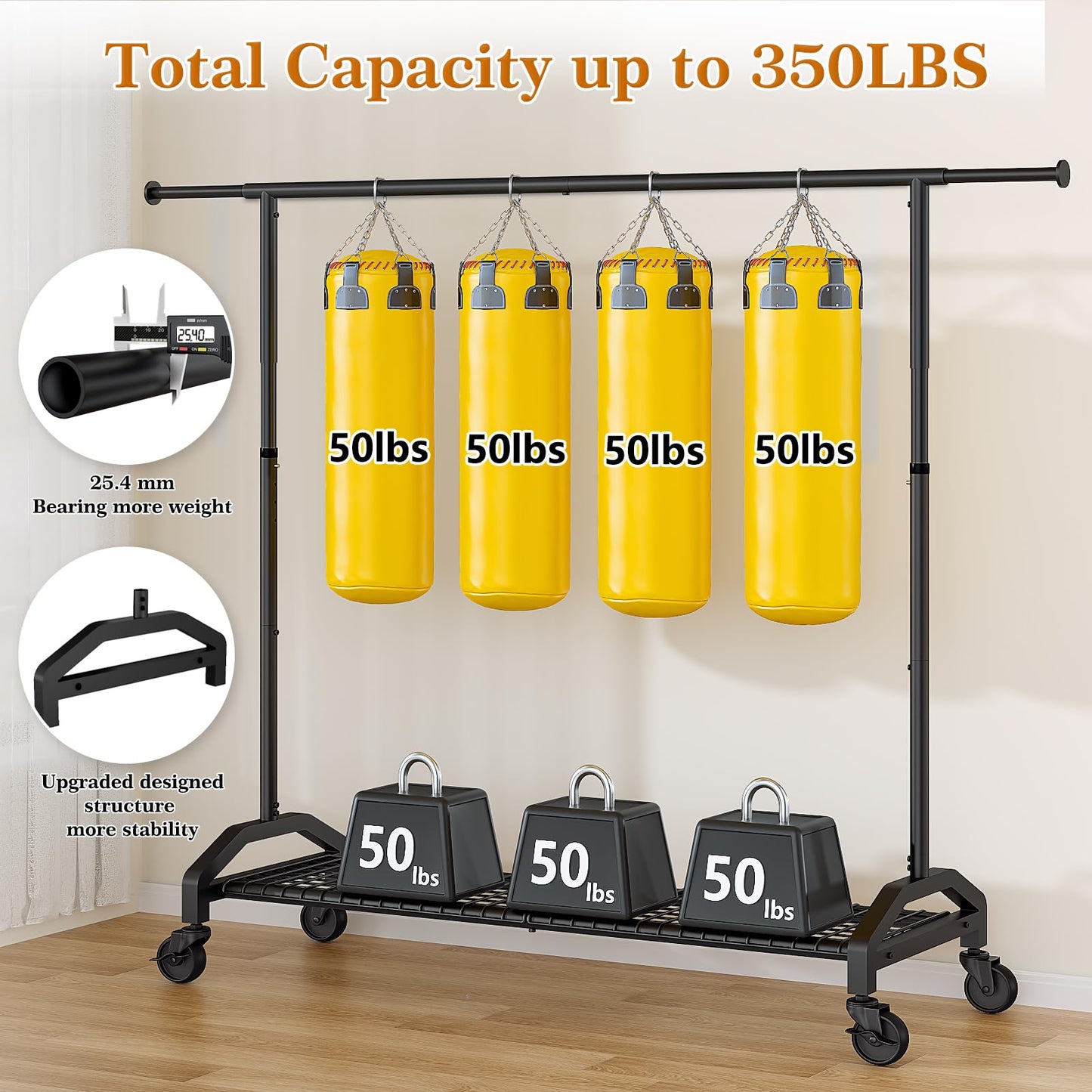 Wiracks Heavy Duty Clothes Rack for Hanging Clothes 350lbs Clothing Rack 3" industrial Wheels 51 to 71" W x 16.53" D x 65" to 71" H Adjustable Rolling Clothes Rack Coat Rack Garment Rack Black