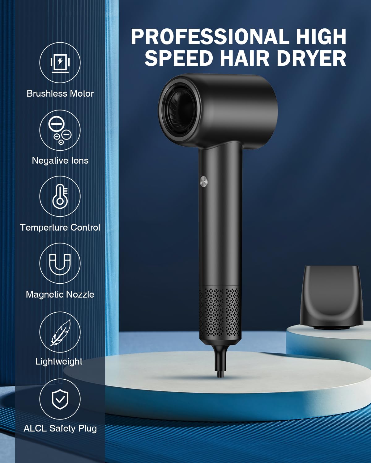 Hair Dryer, High Speed Negative Ionic Blow Dryer with 110, 000 RPM Brushless Motor for Fast Drying, 1500W Low Noise Thermo-Control 4 Temps & 3 Speeds Hairdryer with Magnetic Nozzle for Hair Care, Home