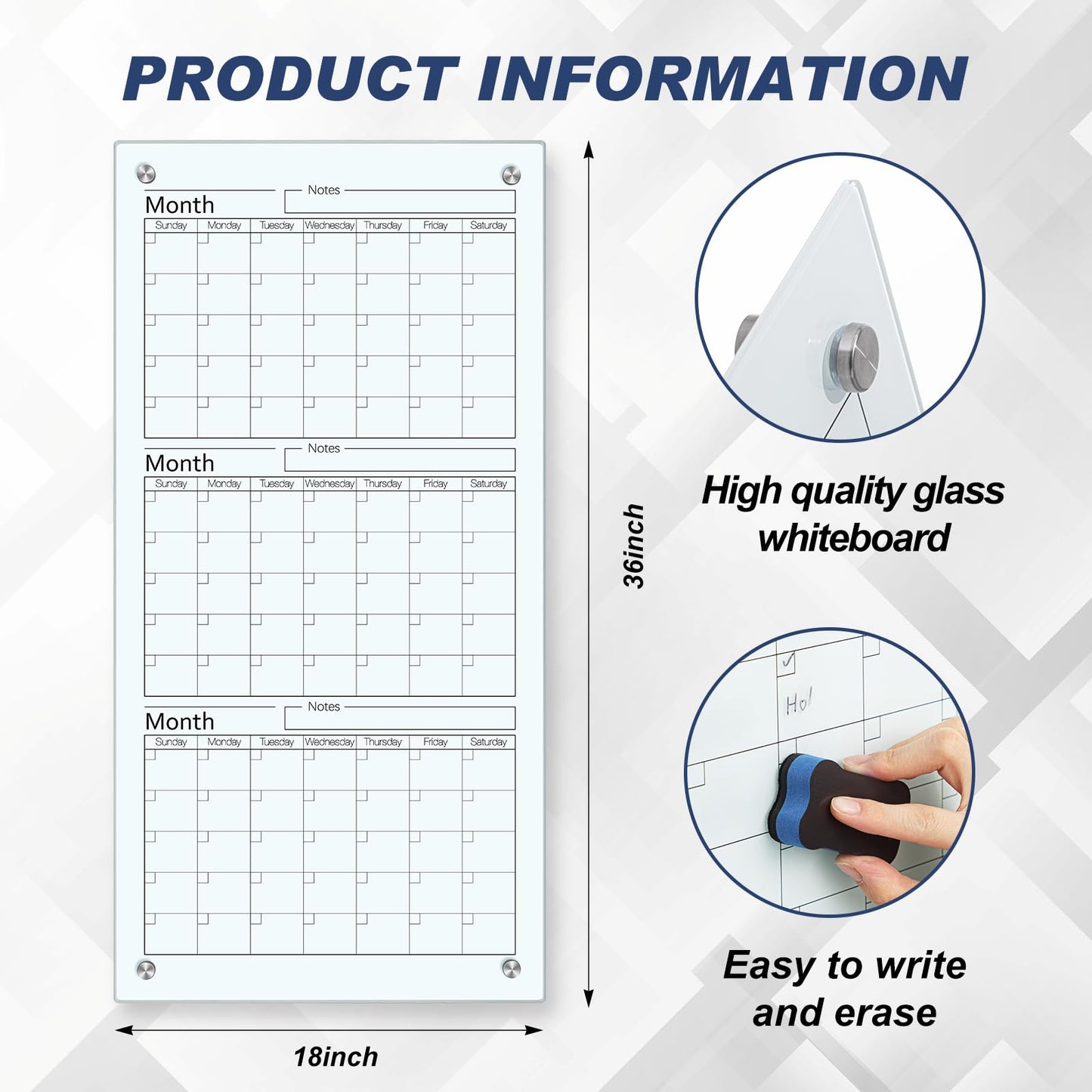 Kritkin Glass Whiteboard Calendar 36 x 18 3 Month Dry Erase Calendar White Board Planner Glass Large Wall Mounted with Marker Tray for Wall Home Office