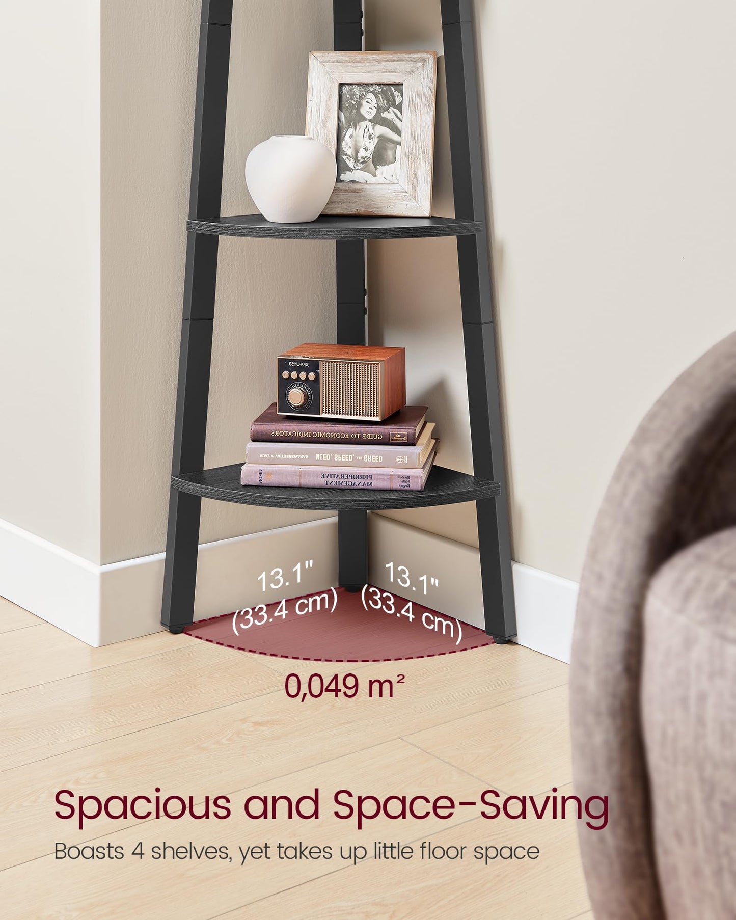 VASAGLE Corner Shelf Stand, 4-Tier Corner Bookshelf, Industrial Ladder Shelf, Plant Stand for Living Room, Office, Kitchen, Charcoal Gray and Matte Black ULLS034B22