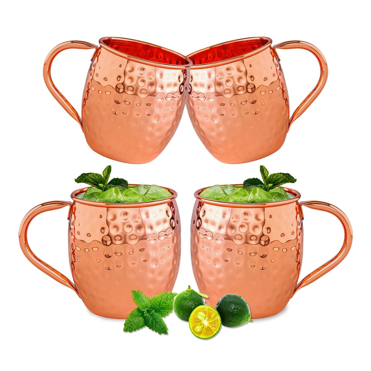 UNISWEET Moscow Mule Copper Mugs-100% Pure Copper Handmade, Classic Welding Handles, 16oz for Drinking, Premium Moscow Mule Copper Cups Set of 4 for Cold Drinks Cocktail Beer Wine Party Bar