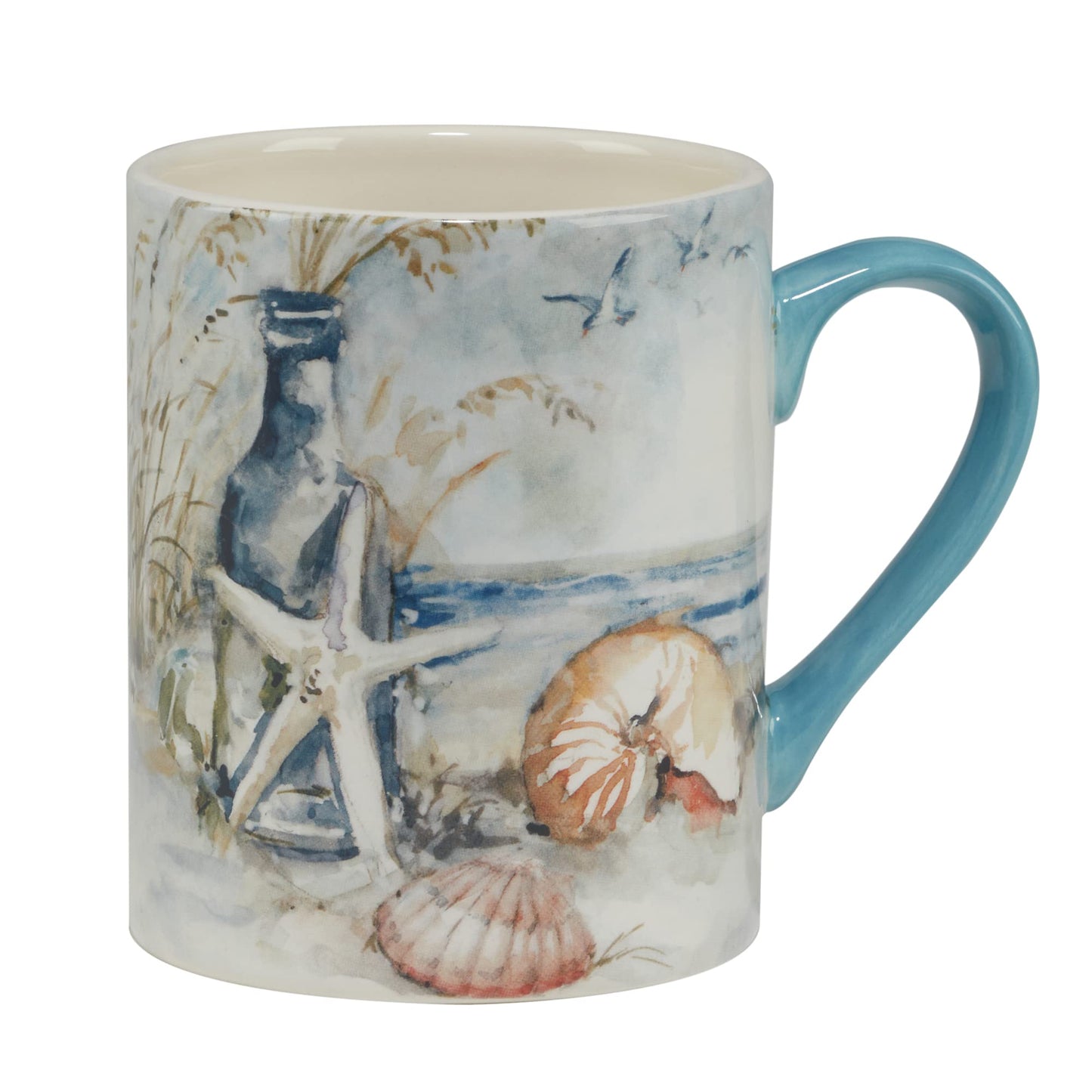 Coastal Landscape 16 oz. Ceramic Mugs – Set of 4 Assorted Beach Designs with Starfish, Shells & Ocean Bottles – Seaside Coffee Cups for Tea, Hot Cocoa, or Gifting – Blue Handle Accent