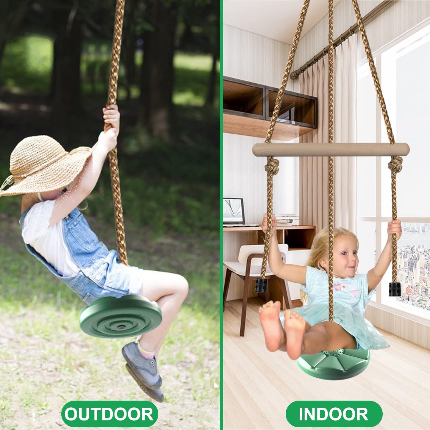 KINSPORY Swing for Kids, 78'' Adjustable Disc Tree Swing for Backyard, Monkey Bars Rope Swing with Hanging Strap, Carabiner for Zipline Outdoor Play Equipment Swing Set Accessories - Green