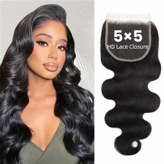 5x5 SKINLIKE 100% Real HD Lace Closure Body Wave Human Hair Closure 0.095mm Ultra-thin Invisible Swiss HD Lace Closure Pre Plucked Small Single Knots Brazilian Virgin Human Hair Lace Closure 16inch