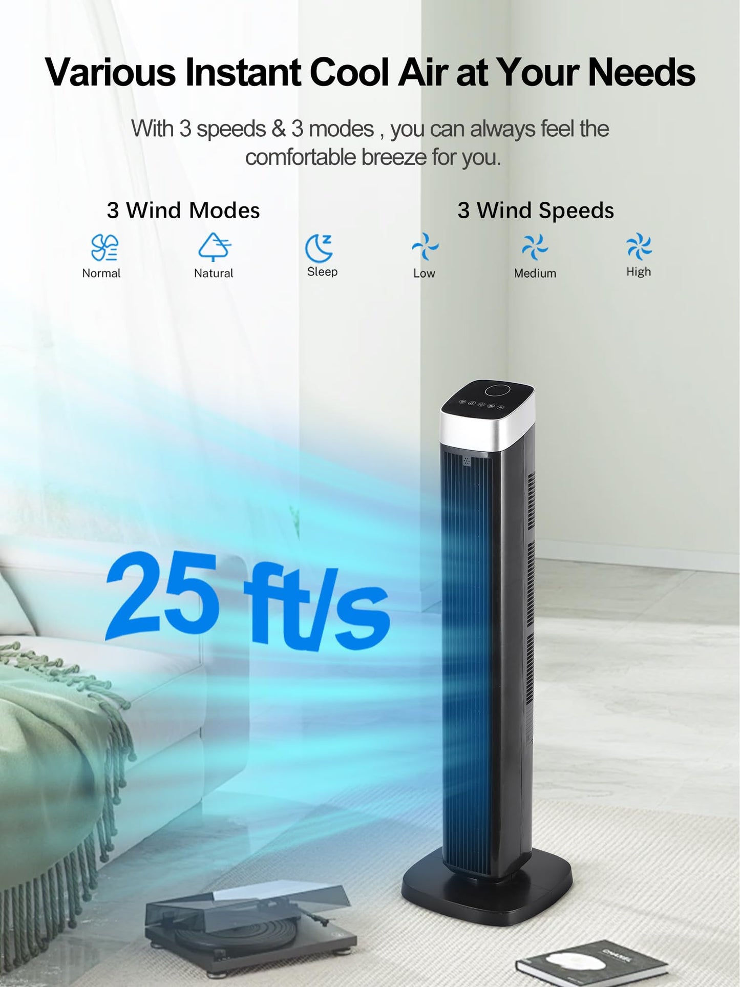 Uthfy 41" Tower Fan for Bedroom, 120° Oscillating Standing Fan with 24H Timer, Built-In Aromatherapy Box, Remote Control, 25ft/s High-Speed, 3 Speeds, 3 Modes, Quiet Floor Fan for Room, Home, Office