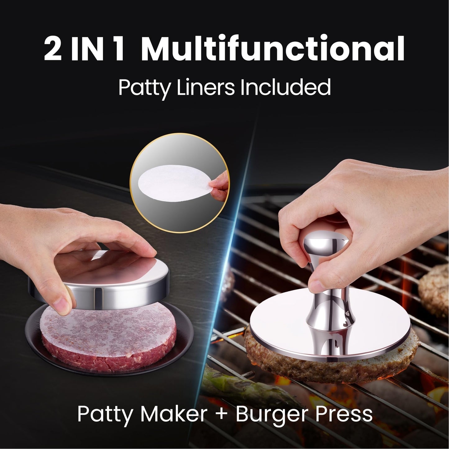 2-in-1 Hamburger Press Patty Maker & Smash Burger Press, Heavy Duty Premium Stainless Steel, Easy-Clean Design, Hamburger Press with Patty Liner, Mirror Polished Burger Mold, Dishwasher Safe