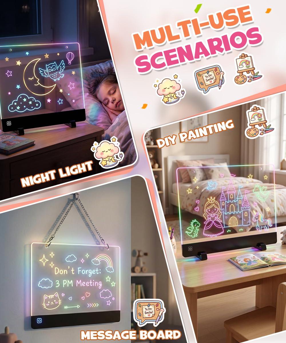 Rechargeable LED Drawing Board for Girls, 10" Glow Doodle Pad, 45H Long Last, 4 Modes Neon Light Up Coloring Tablet with 7 Pens, Princess Art Craft Set, Birthday Gift, Toys for Girl 4 5 6 7 8 Year Old