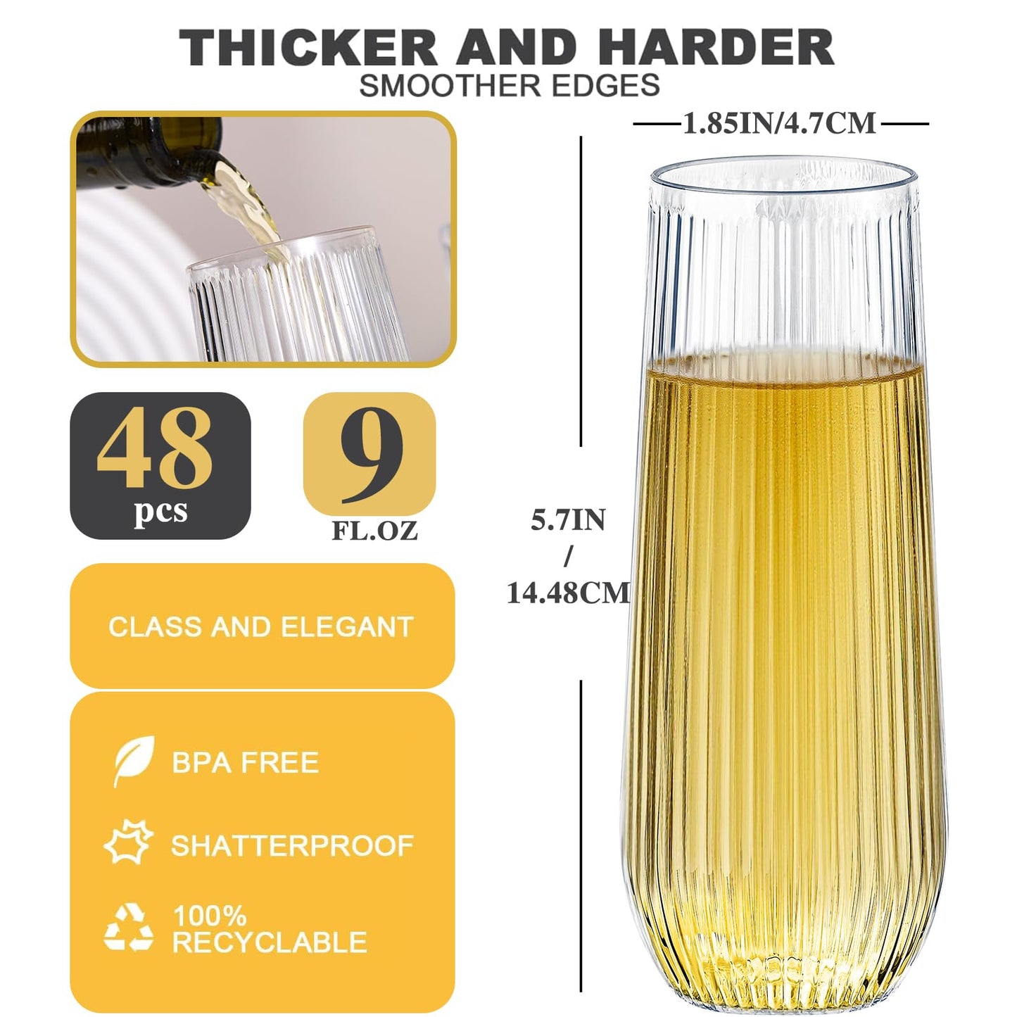 Lueumxc 48 Pack Ribbed Plastic Champagne Flutes, 9 Oz Stemless Disposable Clear Plastic Toasting Glasses Shatterproof Recyclable and BPA-Free Perfect For Wedding